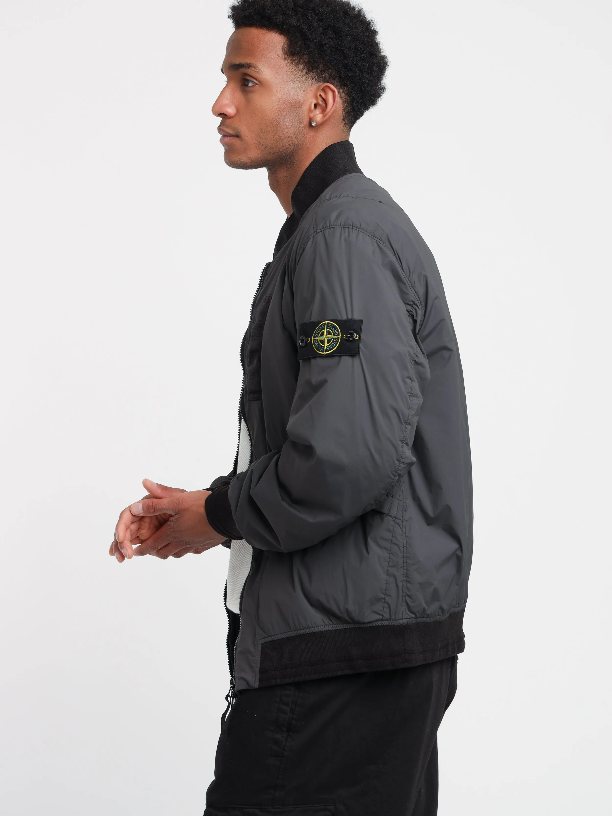 Sleek Grey Nylon-TC Bomber Jacket with Touch-Sensitive Fabric