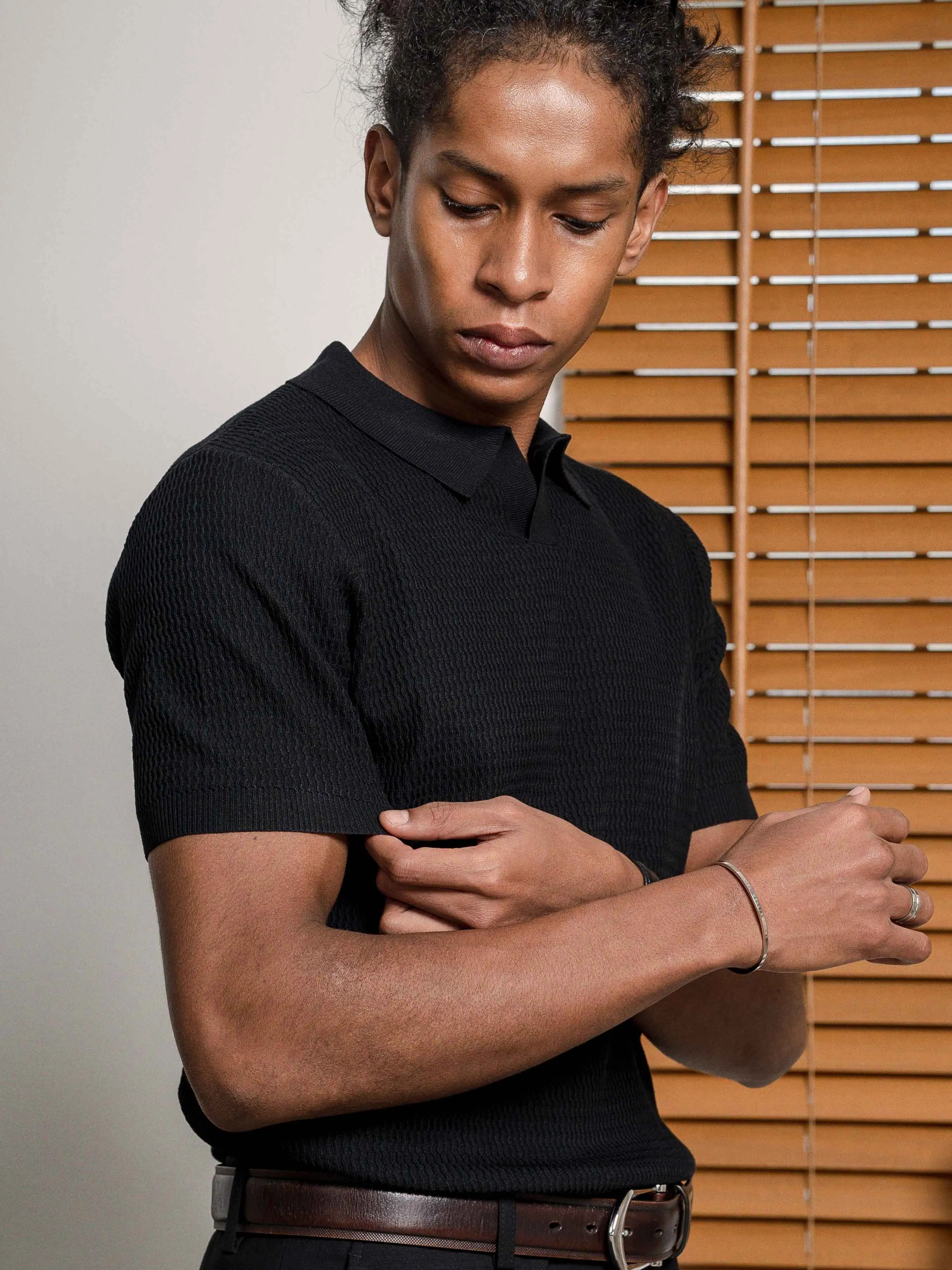 Henri Knit Polo Tee - Black Open Collar