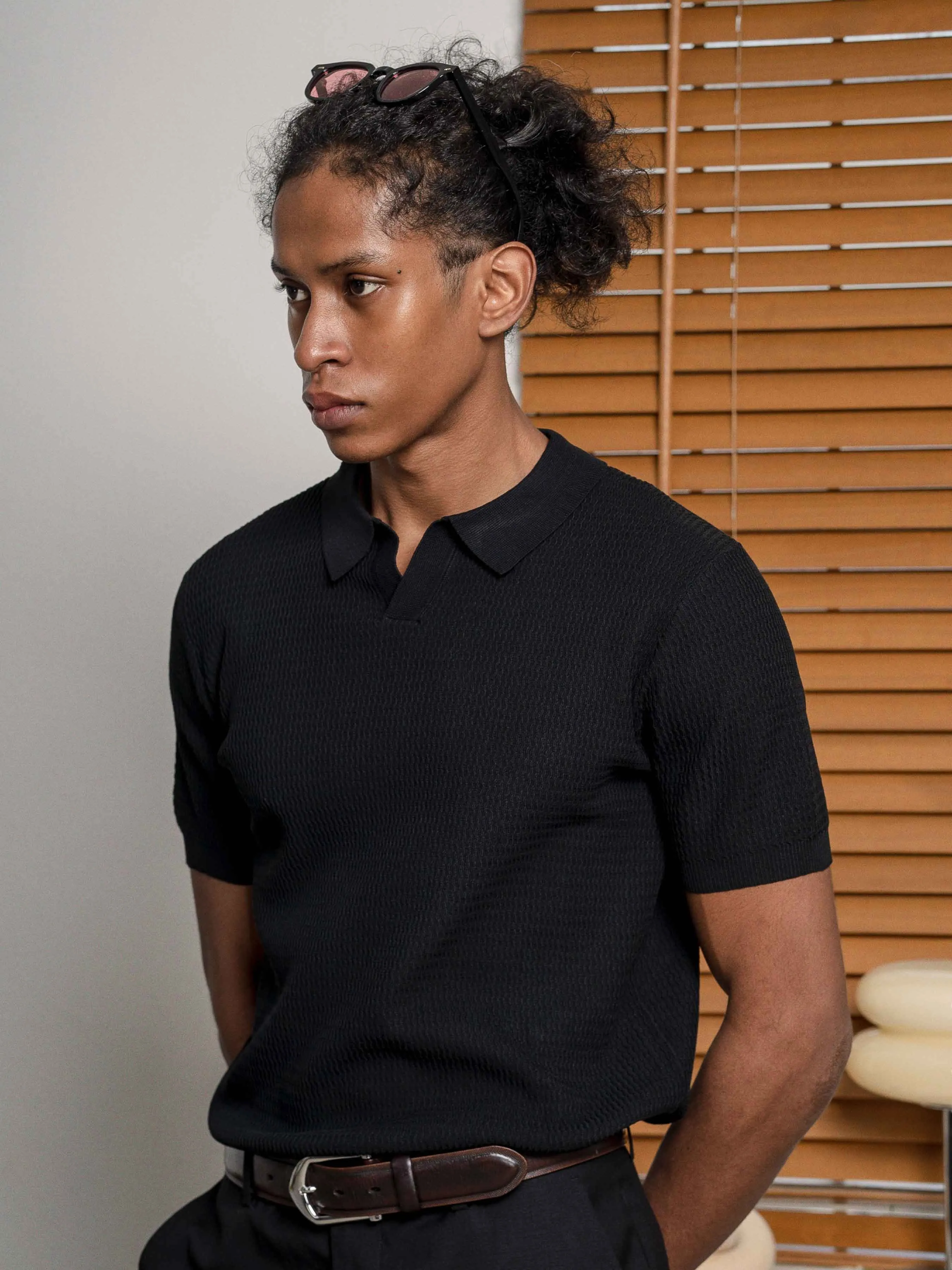 Henri Knit Polo Tee - Black Open Collar