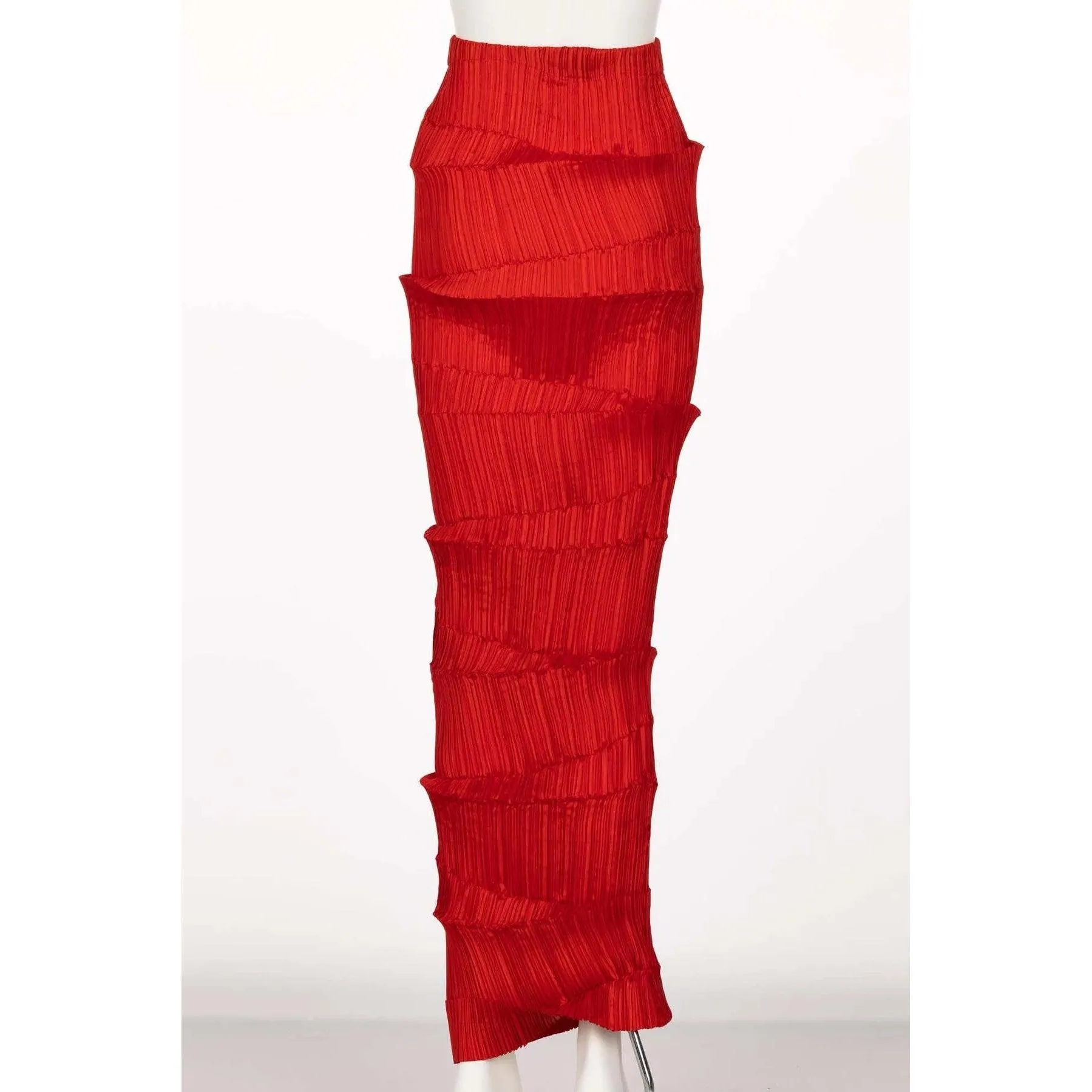 Issey Miyake Red Micro-Pleated Maxi Skirt | S