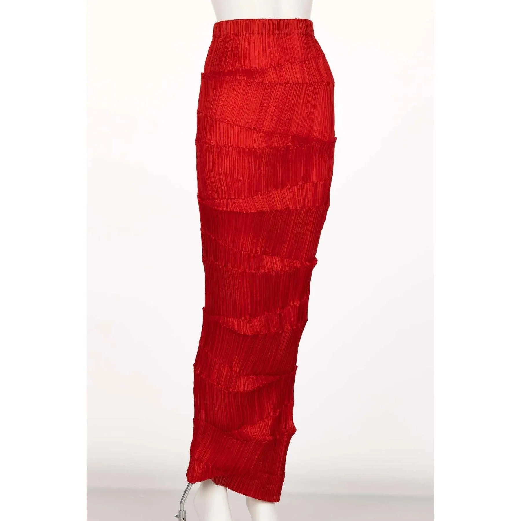 Issey Miyake Red Micro-Pleated Maxi Skirt | S