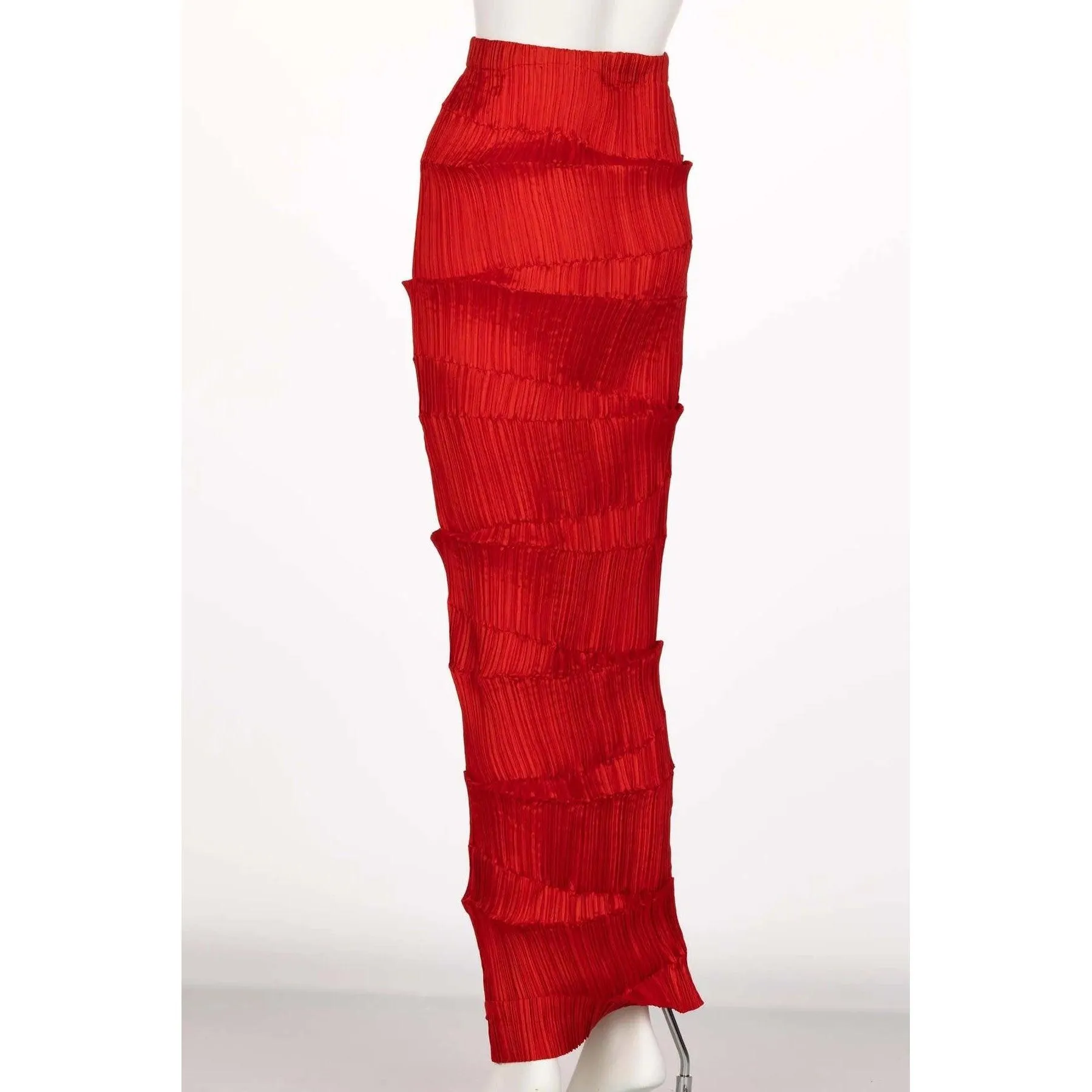 Issey Miyake Red Micro-Pleated Maxi Skirt | S