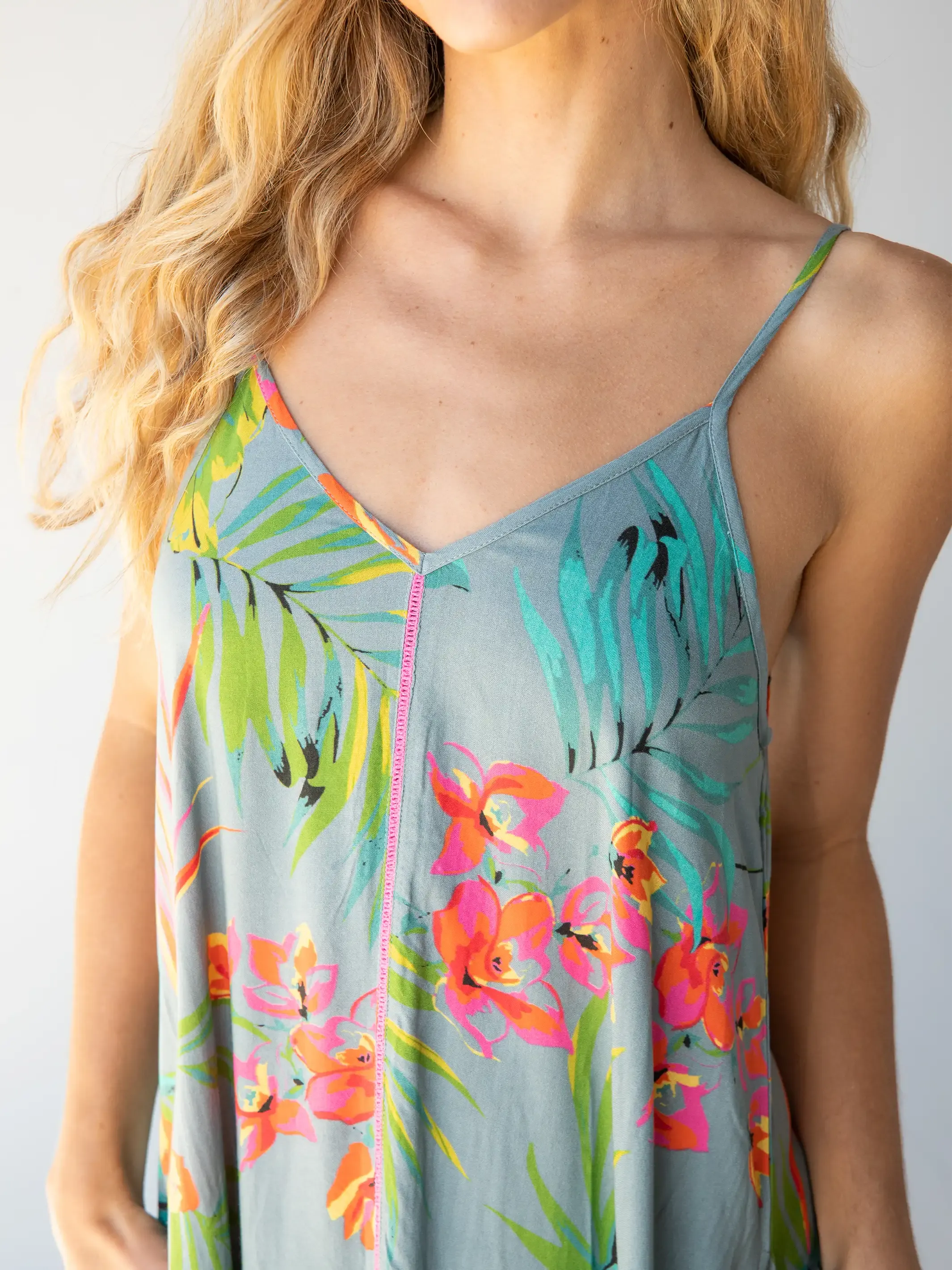 Katrina Midi Slip Dress - Light Blue Neon Floral