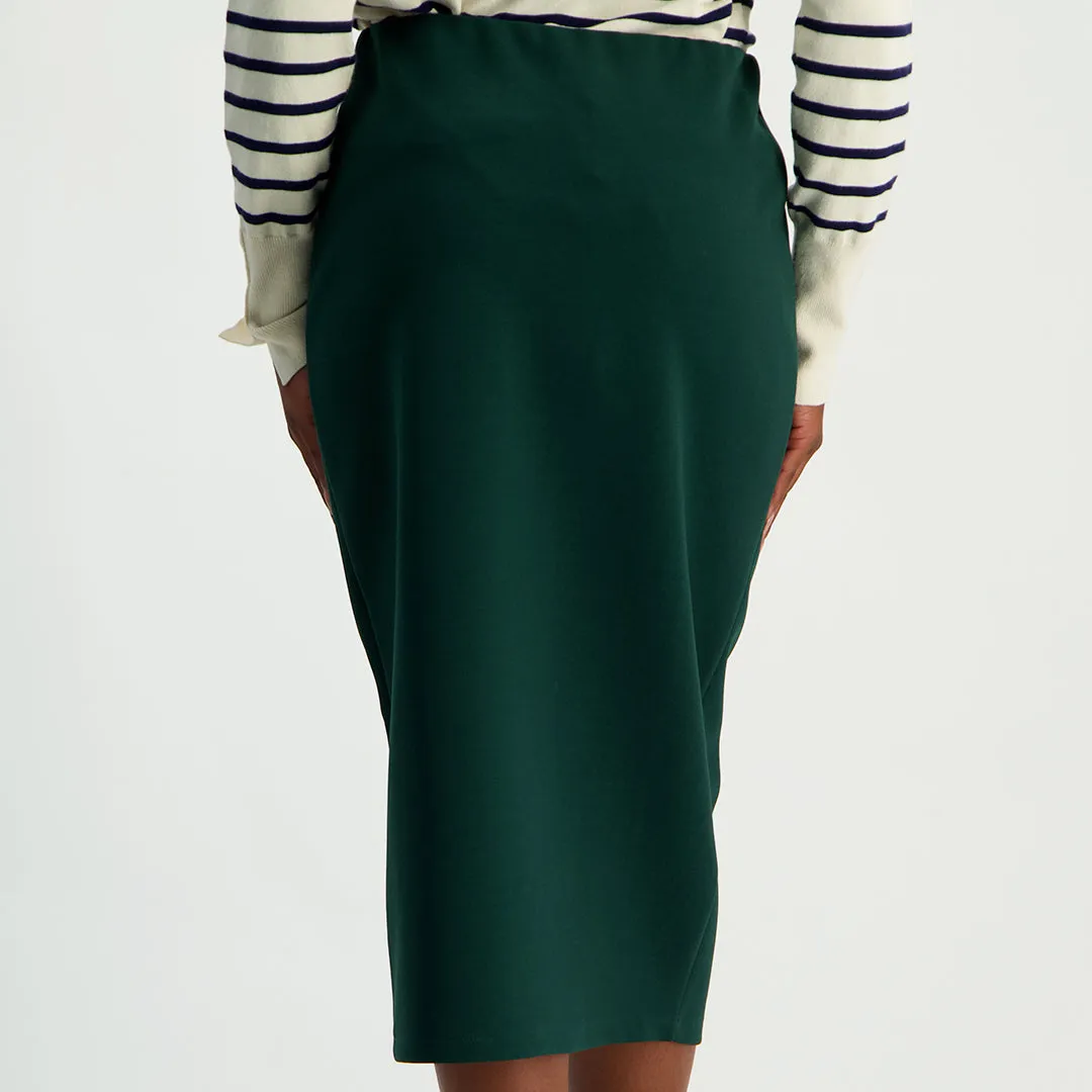 LADIES CIARRA BOTTLE GREEN PENCIL SKIRT WITH BUTTON SLIT DETAIL