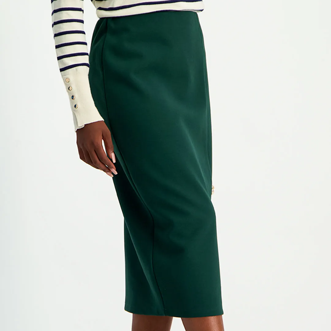 LADIES CIARRA BOTTLE GREEN PENCIL SKIRT WITH BUTTON SLIT DETAIL