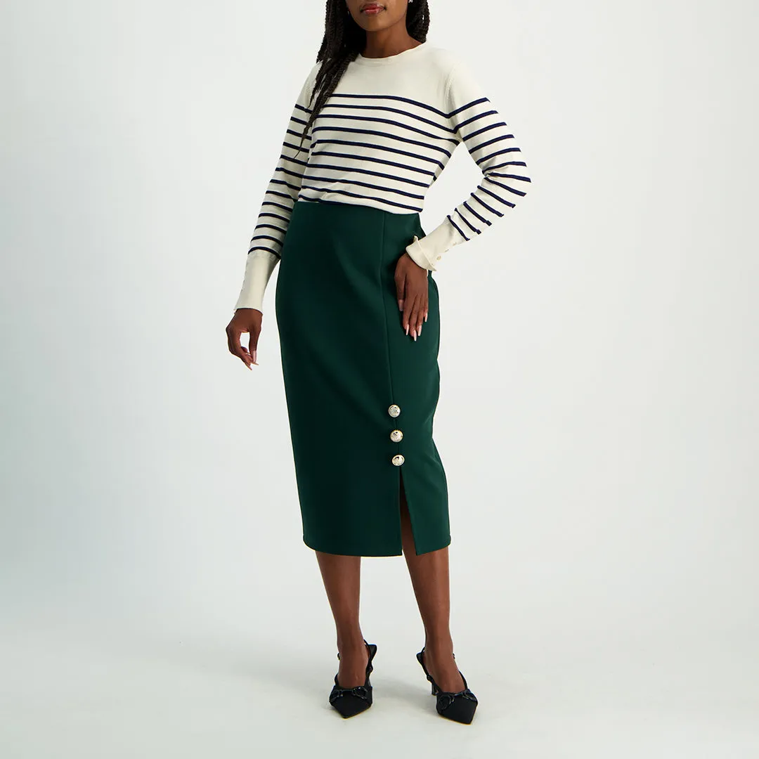 LADIES CIARRA BOTTLE GREEN PENCIL SKIRT WITH BUTTON SLIT DETAIL