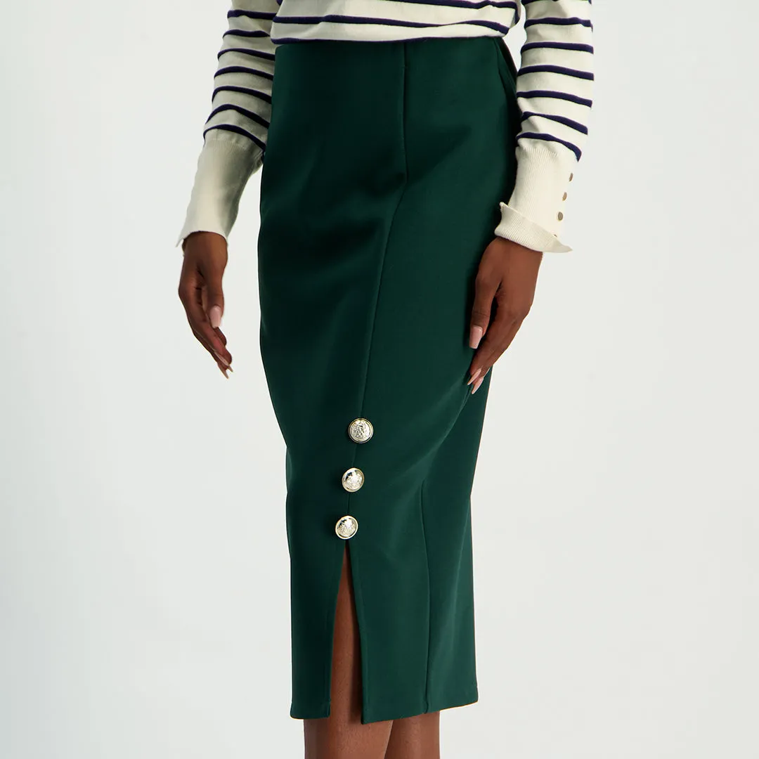 LADIES CIARRA BOTTLE GREEN PENCIL SKIRT WITH BUTTON SLIT DETAIL