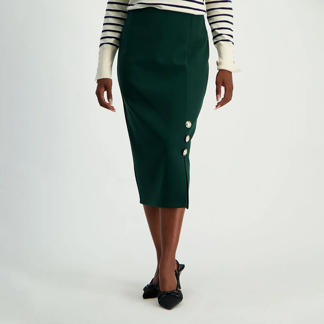 LADIES CIARRA BOTTLE GREEN PENCIL SKIRT WITH BUTTON SLIT DETAIL