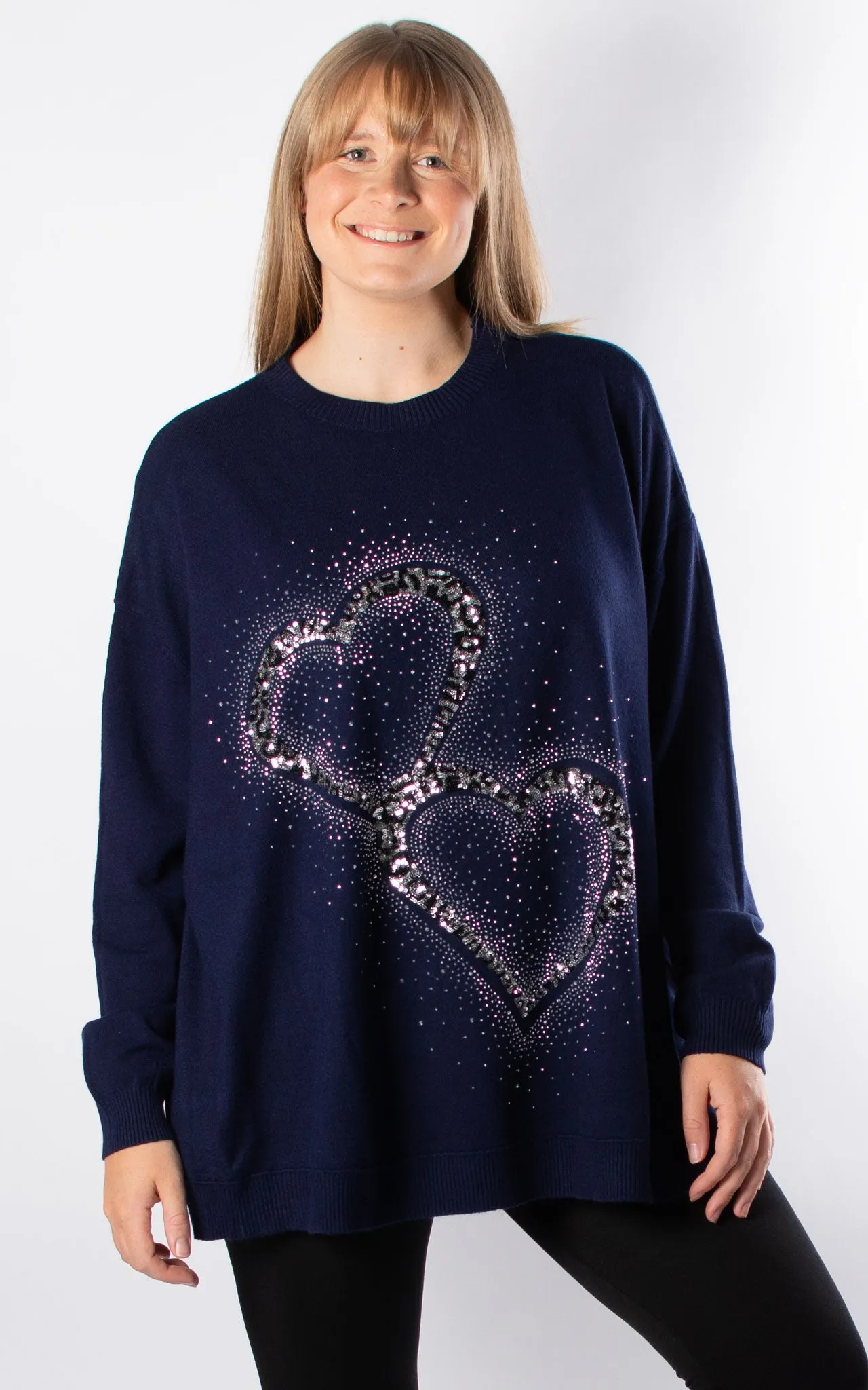 Leopard Sequin Hearts Knit | Navy