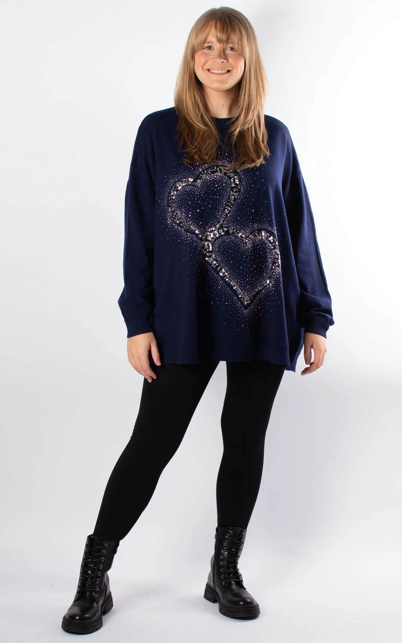 Leopard Sequin Hearts Knit | Navy