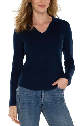 LONG SLEEVE V-NECK COLLARED SWEATER