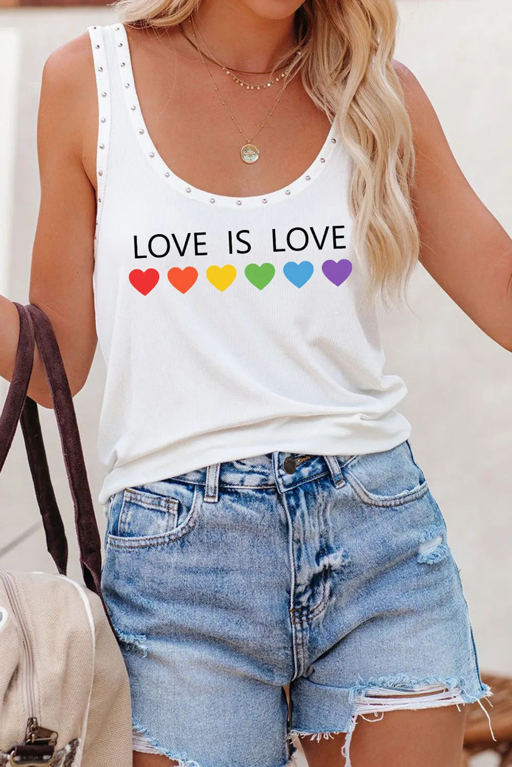 Love is Love Print Women's Gay Pride Tank Tops Scoop Neck Rivet Tank Top