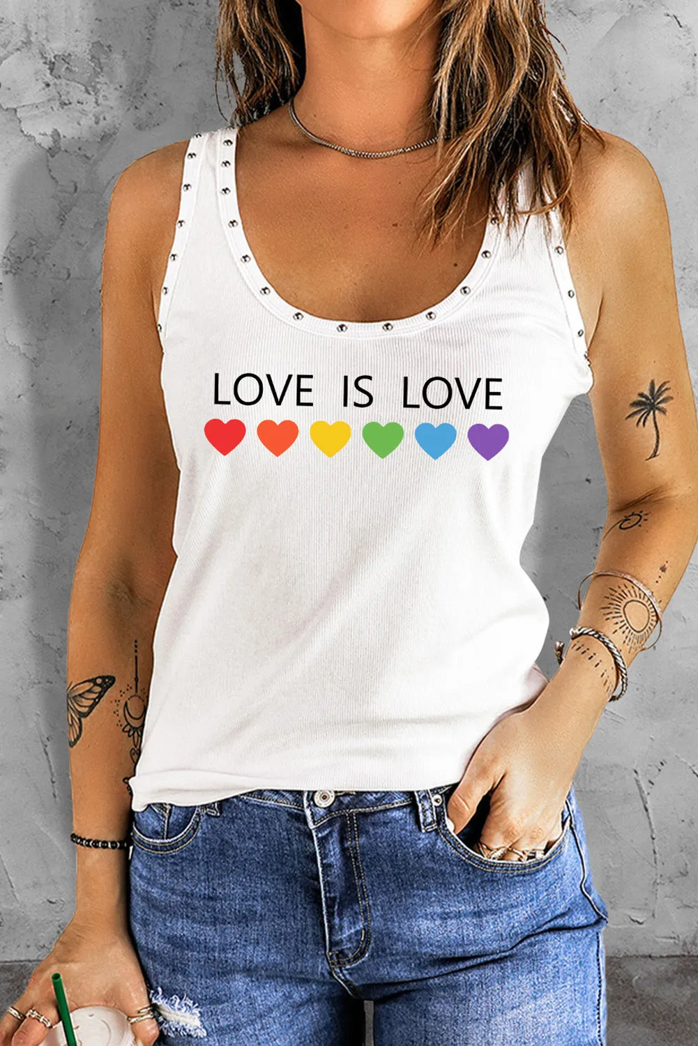 Love is Love Print Women's Gay Pride Tank Tops Scoop Neck Rivet Tank Top