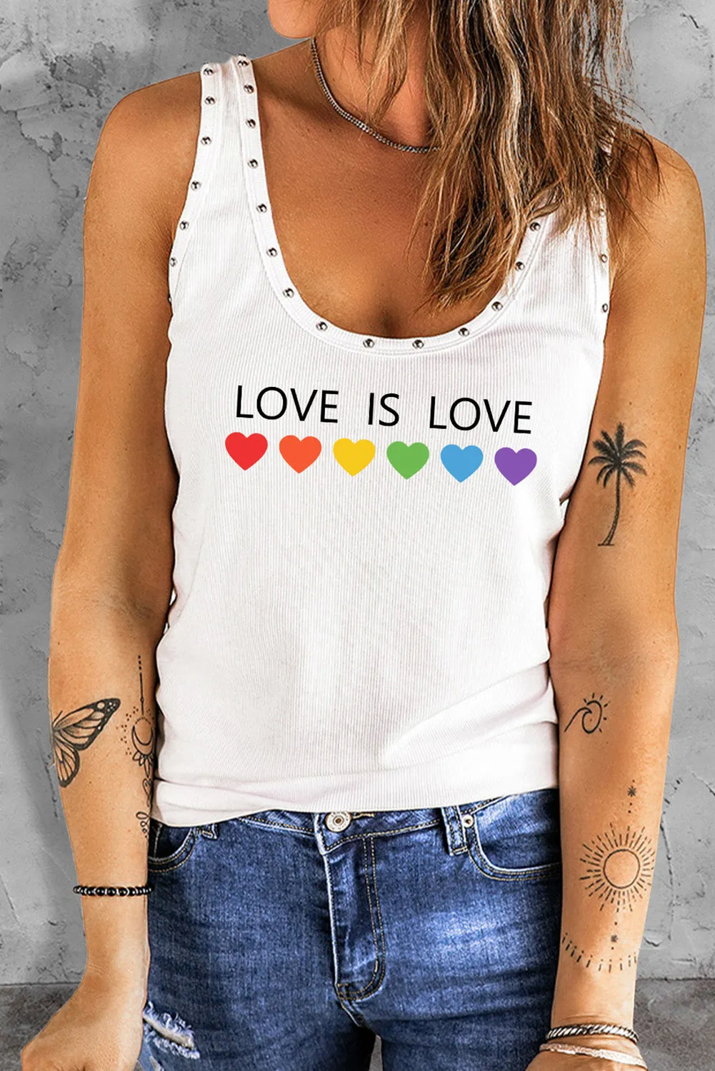 Love is Love Print Women's Gay Pride Tank Tops Scoop Neck Rivet Tank Top