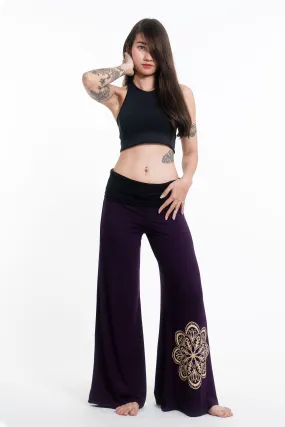 Mandala Print Wide Leg Palazzo Harem Pants Cotton Spandex in Purple