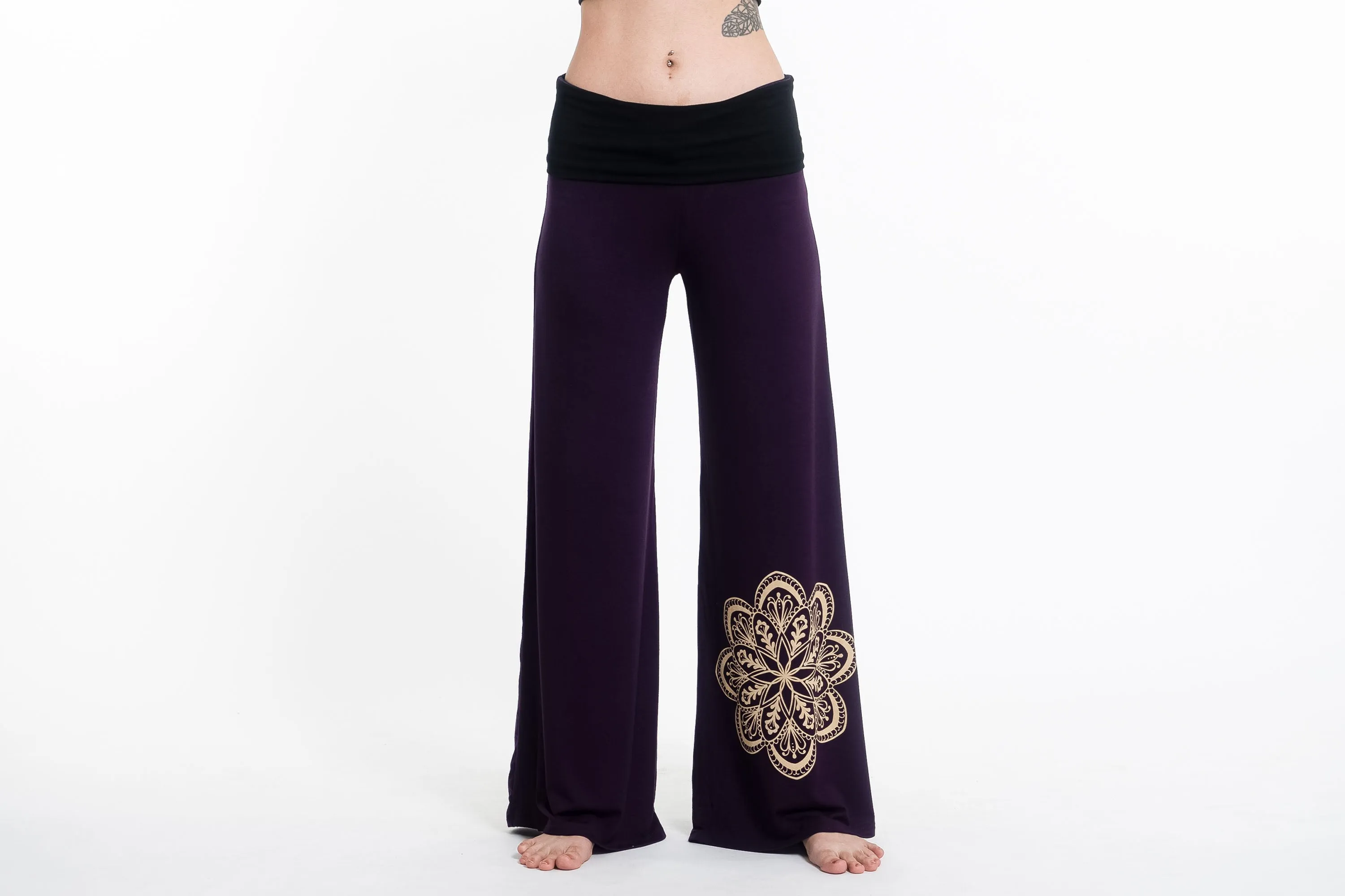 Mandala Print Wide Leg Palazzo Harem Pants Cotton Spandex in Purple