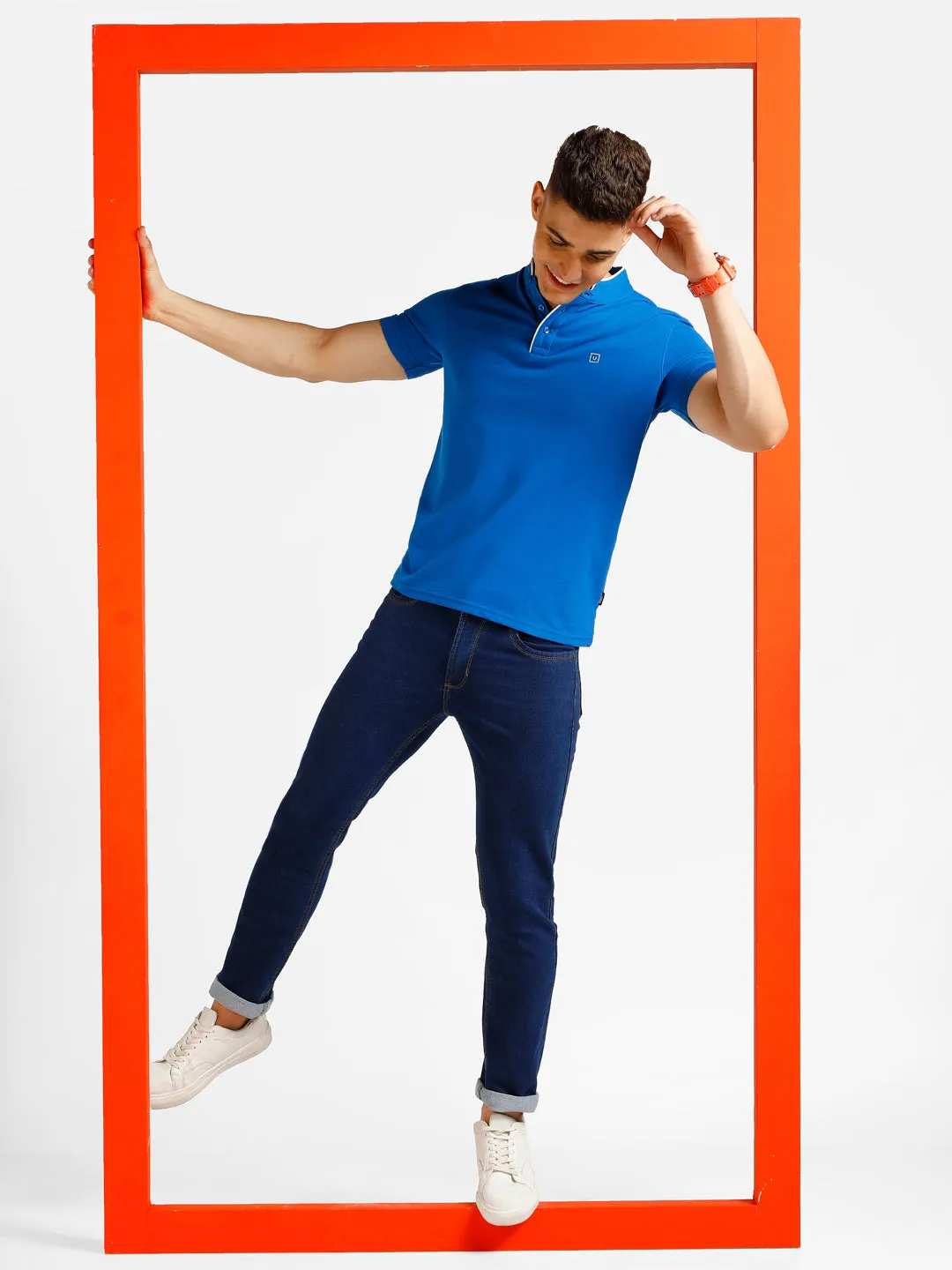 Mens Slim Fit Cotton Polo T-Shirt in Solid Blue with Half-Sleeves and Mandarin Collar