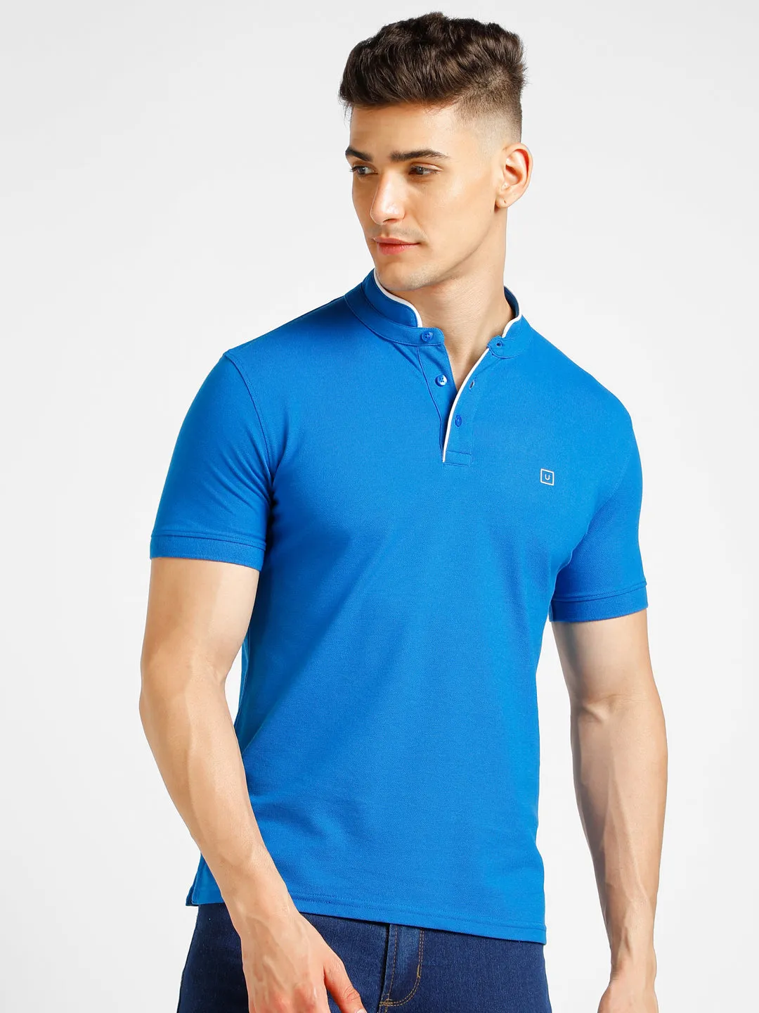 Mens Slim Fit Cotton Polo T-Shirt in Solid Blue with Half-Sleeves and Mandarin Collar