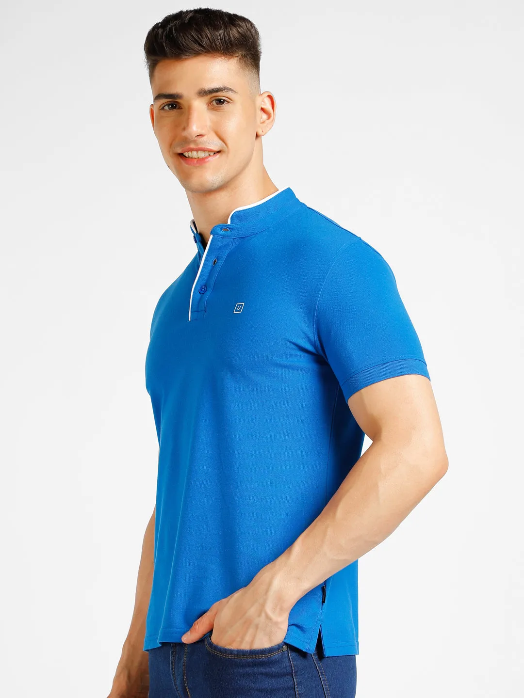 Mens Slim Fit Cotton Polo T-Shirt in Solid Blue with Half-Sleeves and Mandarin Collar