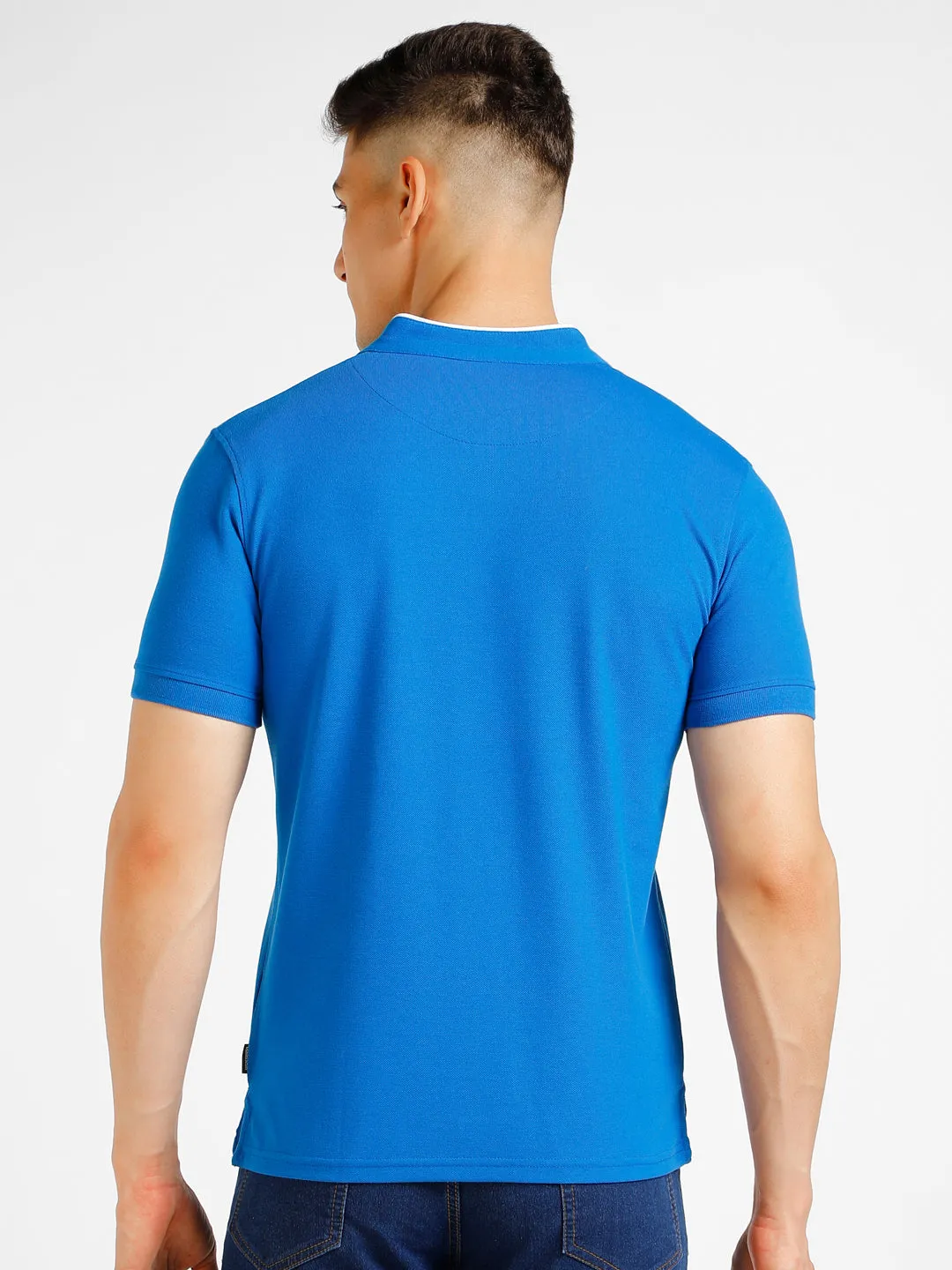 Mens Slim Fit Cotton Polo T-Shirt in Solid Blue with Half-Sleeves and Mandarin Collar