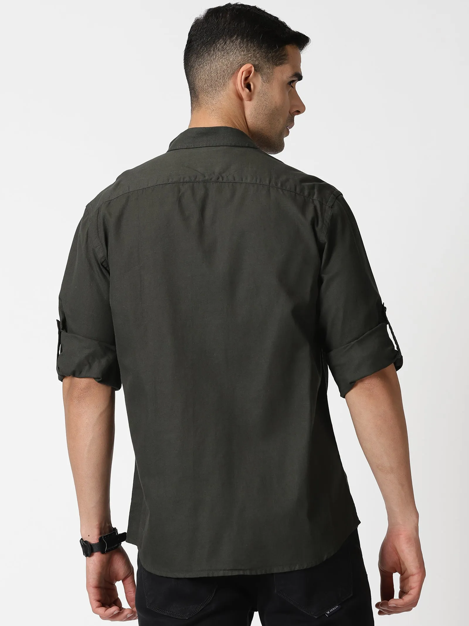 MEN'S DK OLIVE SOLID SLIM FIT SHIRT