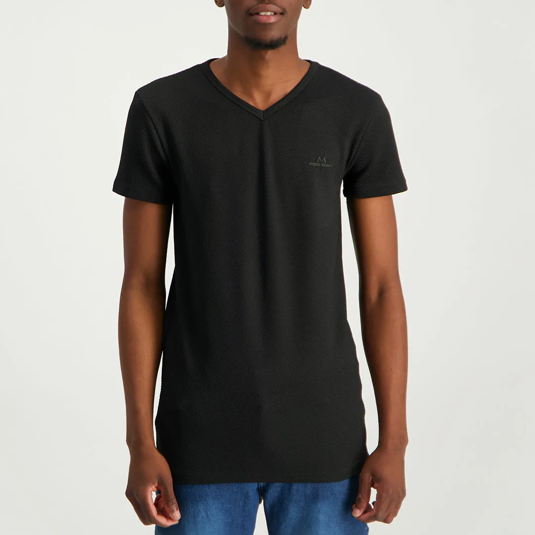 MENS MODA BLACK TEXTURED V-NECK T-SHIRT (HD LOGO)