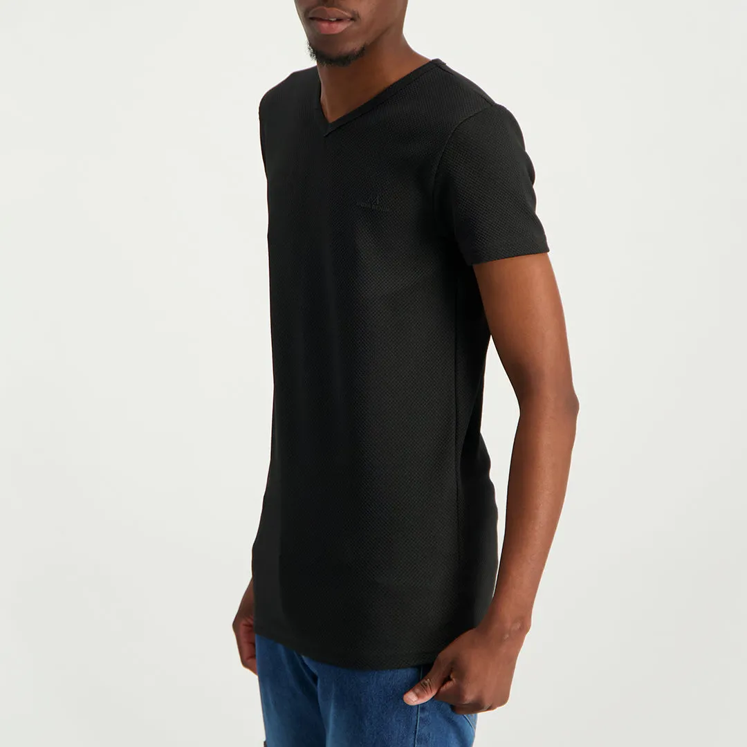 MENS MODA BLACK TEXTURED V-NECK T-SHIRT (HD LOGO)