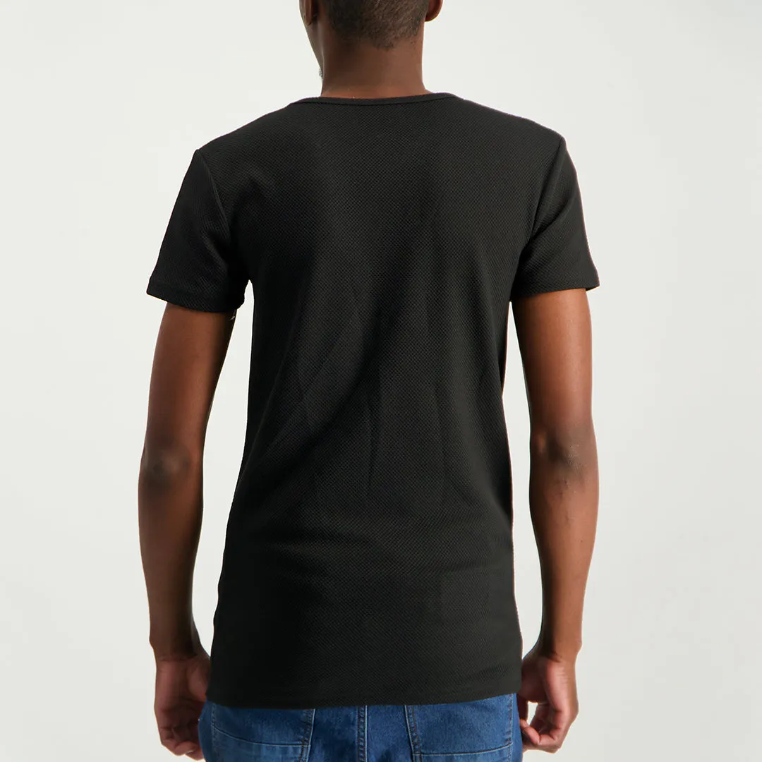 MENS MODA BLACK TEXTURED V-NECK T-SHIRT (HD LOGO)