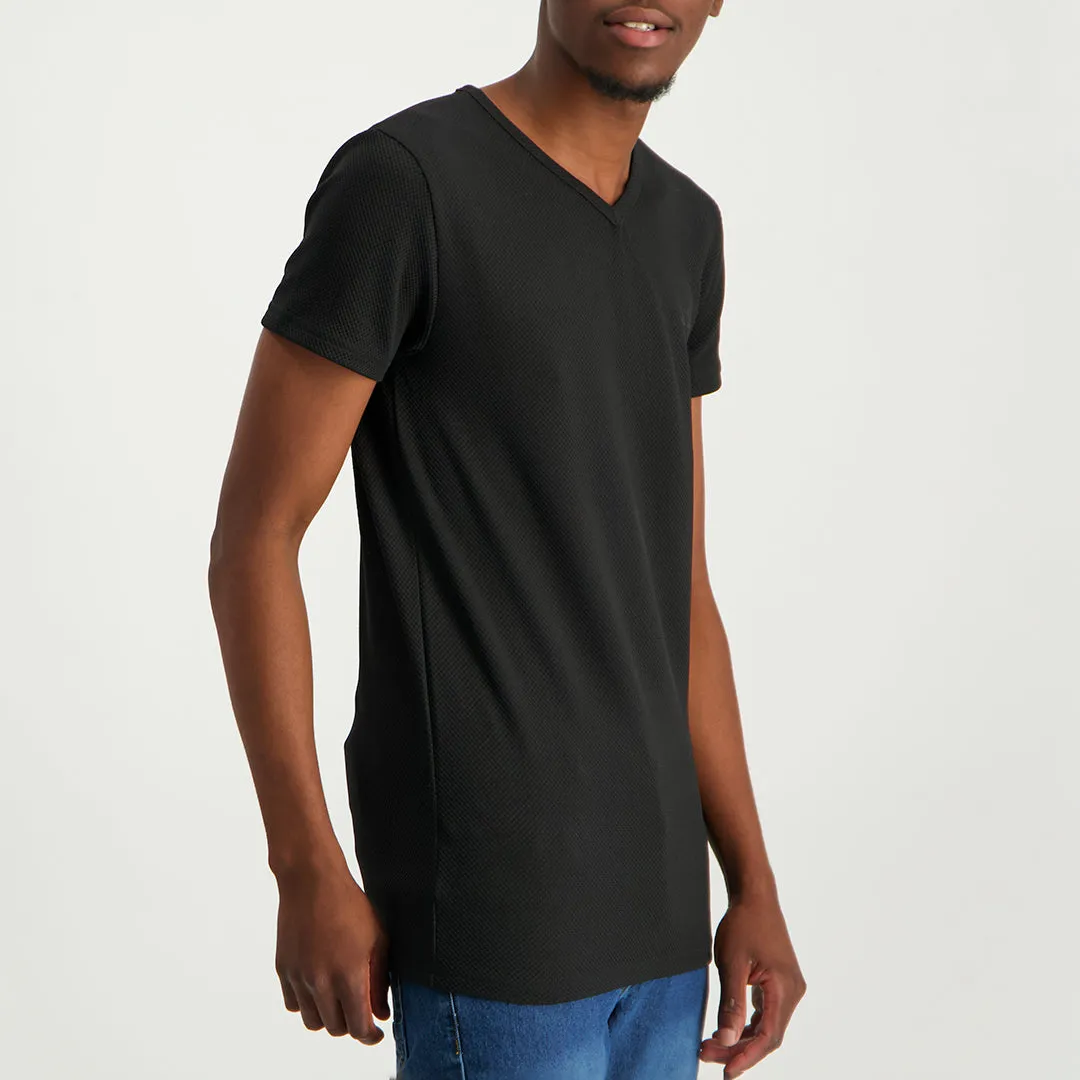 MENS MODA BLACK TEXTURED V-NECK T-SHIRT (HD LOGO)