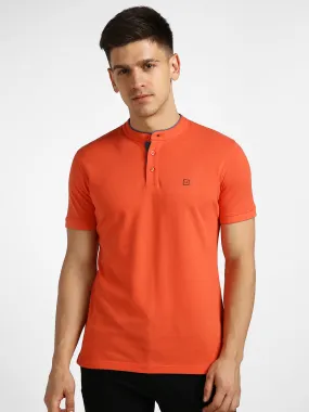 Men's Orange Solid Slim Fit Half Sleeve Cotton Polo T-Shirt with Mandarin Collar