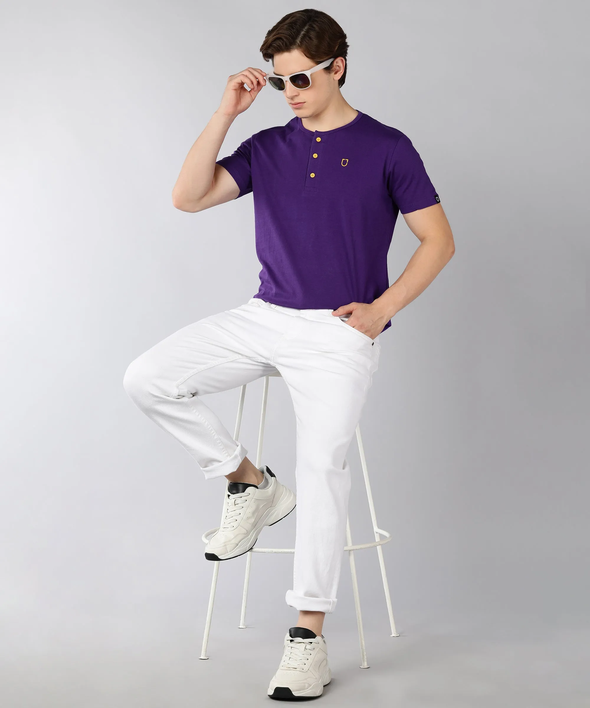 Men's Purple Solid Henley Neck Slim Fit Half Sleeve Cotton T-Shirt