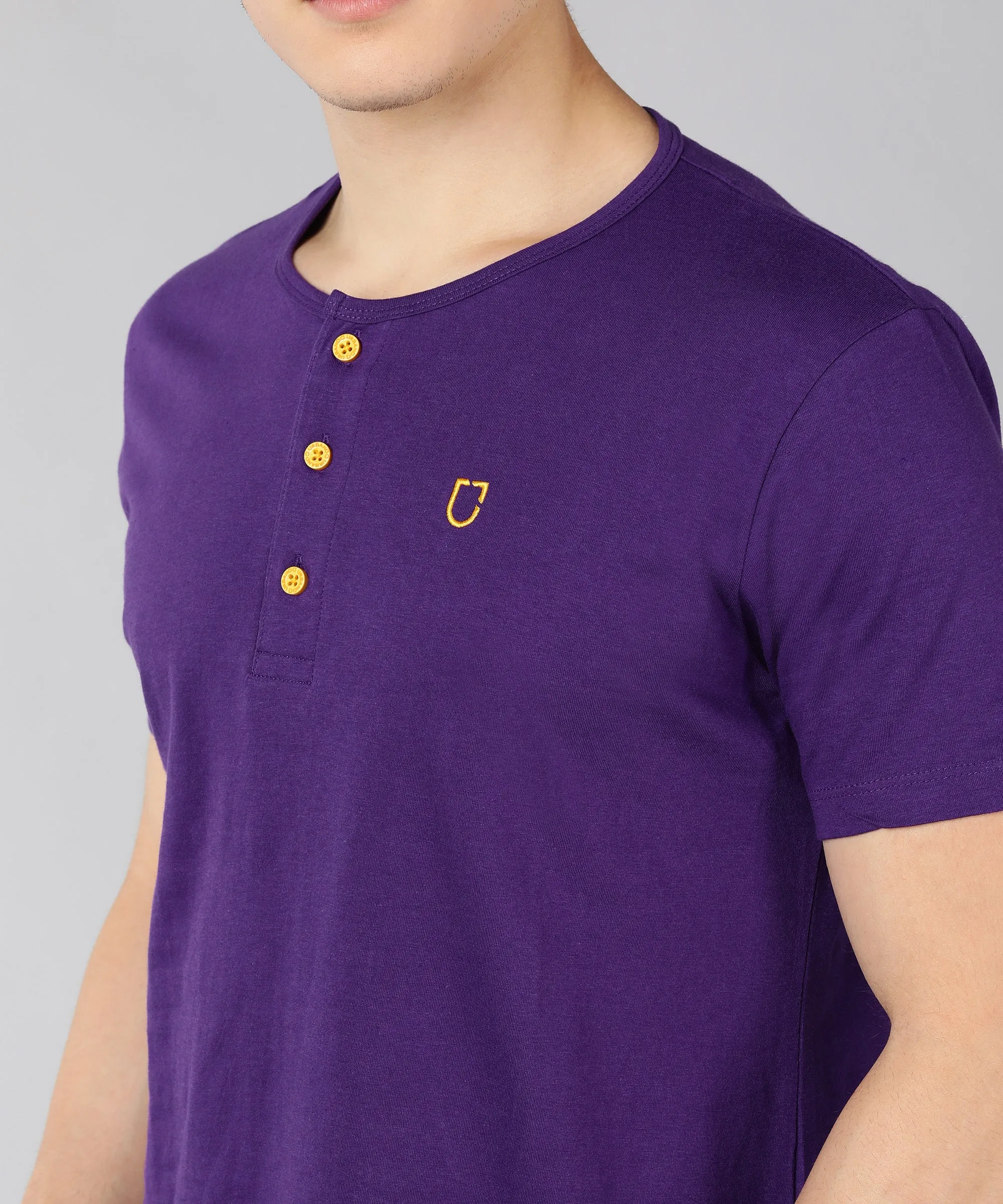 Men's Purple Solid Henley Neck Slim Fit Half Sleeve Cotton T-Shirt