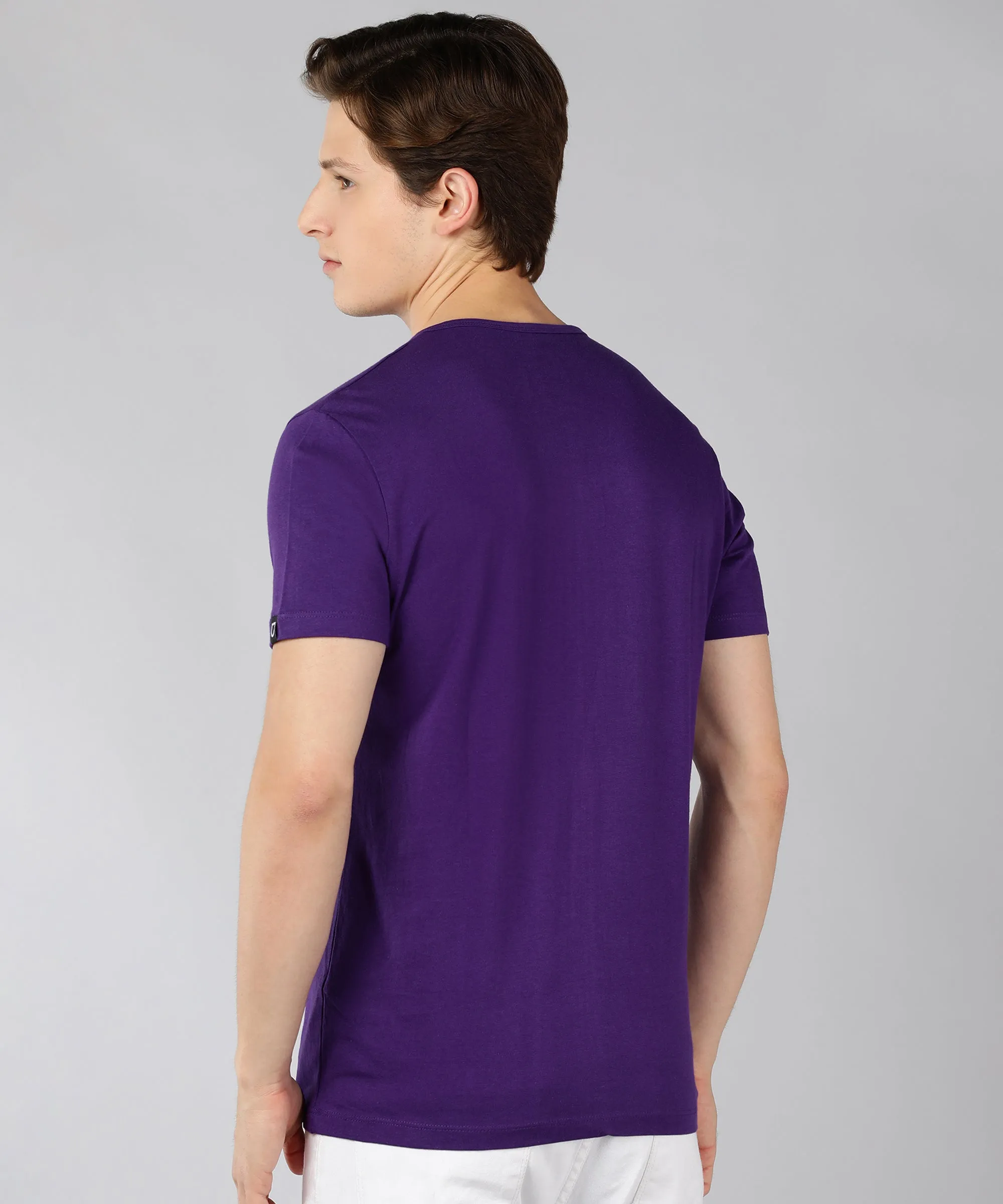 Men's Purple Solid Henley Neck Slim Fit Half Sleeve Cotton T-Shirt