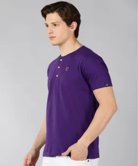 Men's Purple Solid Henley Neck Slim Fit Half Sleeve Cotton T-Shirt