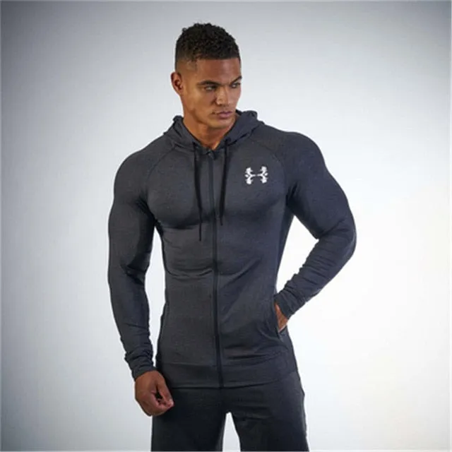 Mens Muscle Fitness Hooded Sweatshirt - 2018 New Autumn Collection, Pure Color Long Sleeve Bodybuilding Hoodie with Zipper