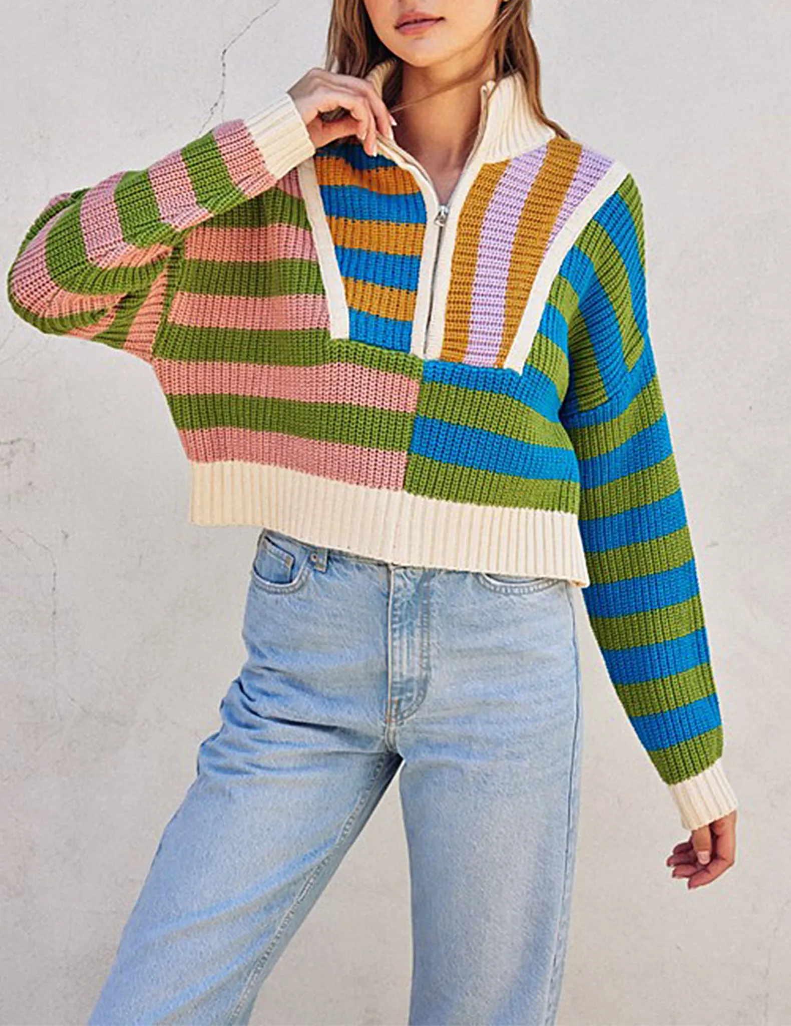 Noa Half Zip Rainbow Stripe Sweater