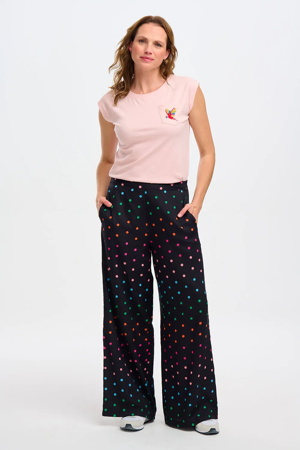 Patsy Palazzo Pants - Black, Rainbow Polka