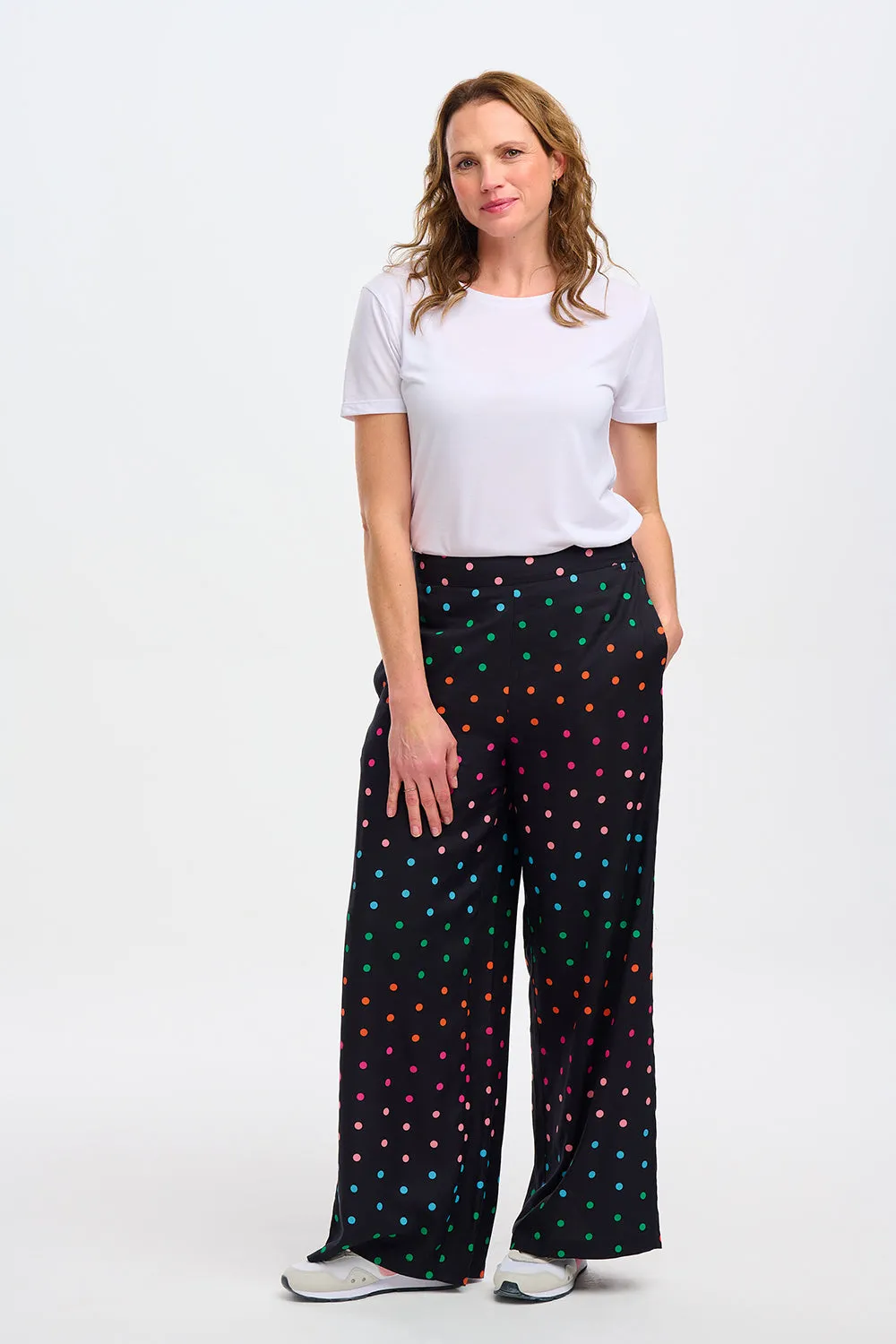 Patsy Palazzo Pants - Black, Rainbow Polka