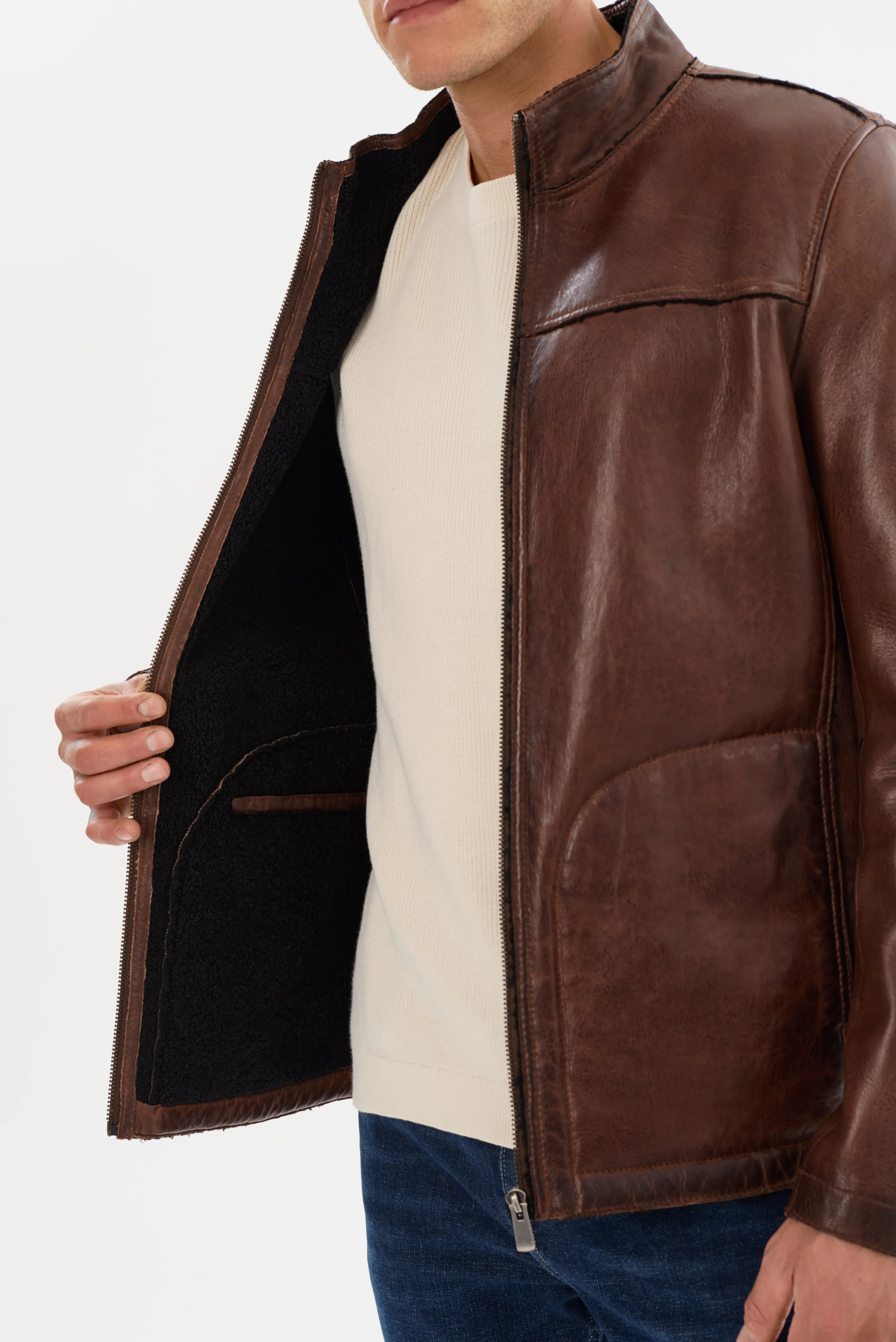 Regency Leather Jacket with Bonded Faux Shearling Interior | Walnut/Black