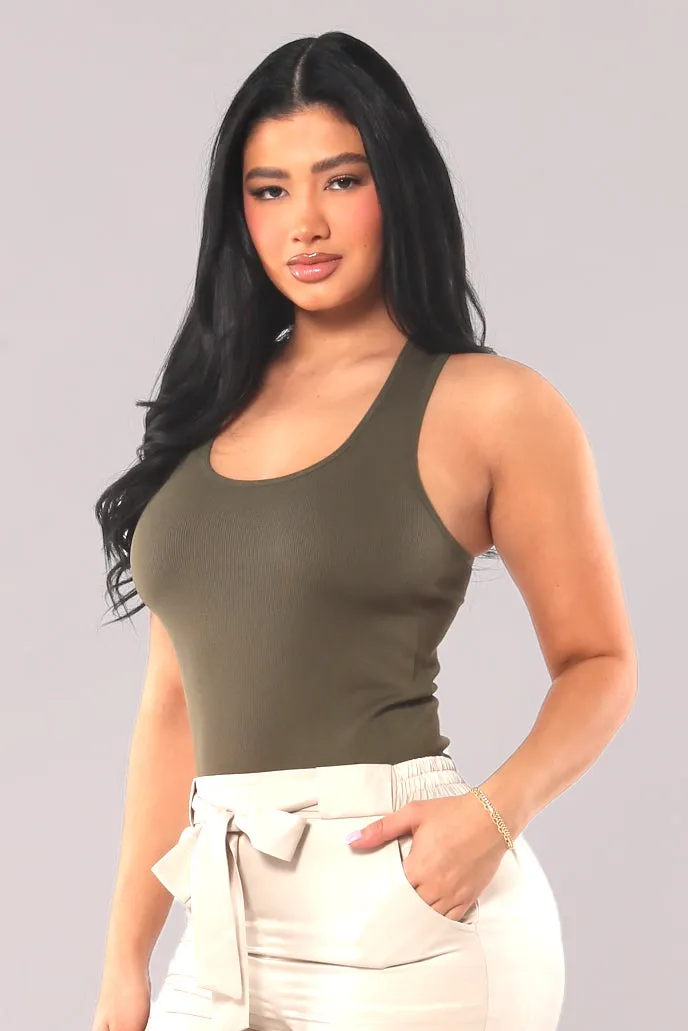 Rib Knit Racerback Fitted Tank Tops - Sage