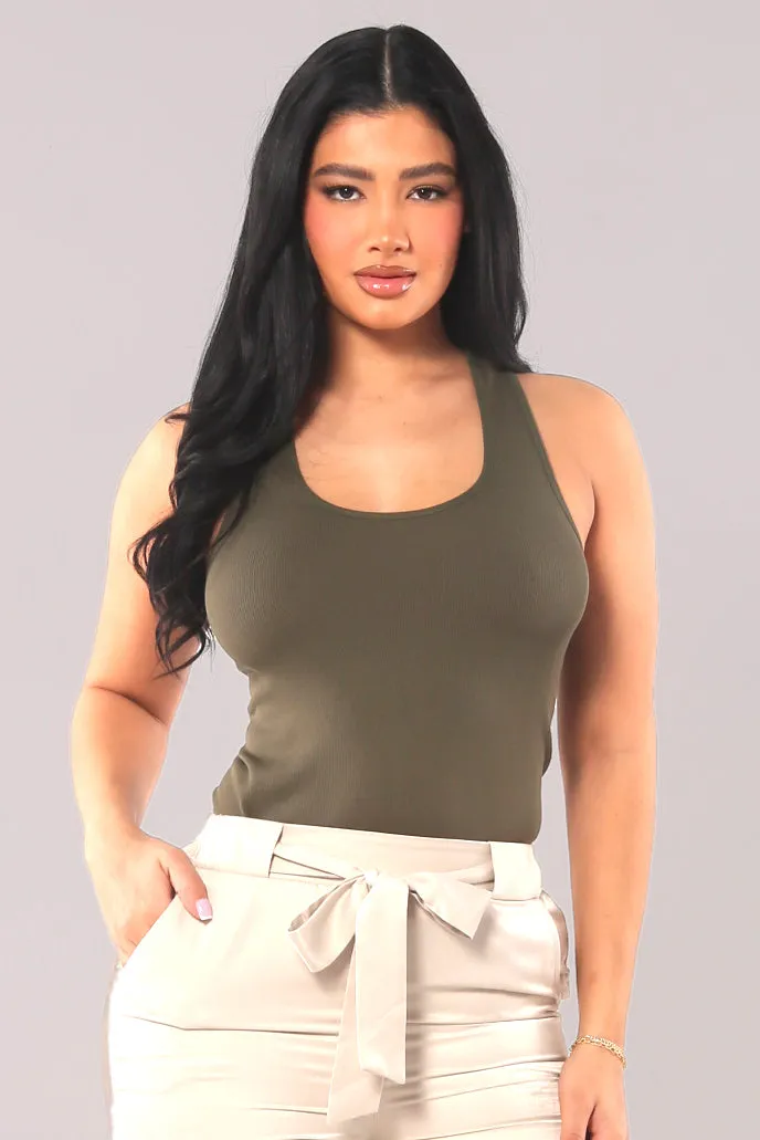 Rib Knit Racerback Fitted Tank Tops - Sage