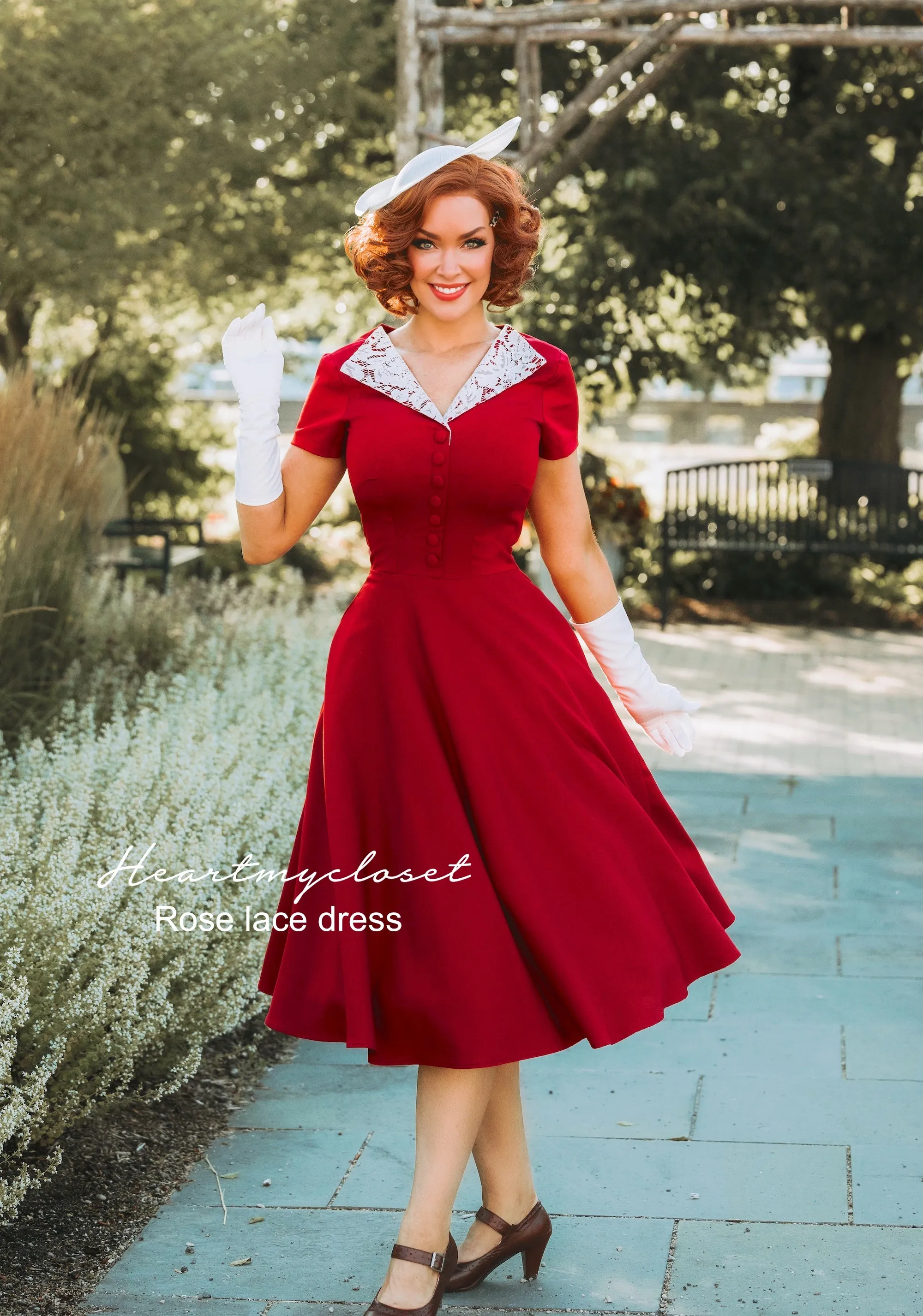 Custom-Made 50s Vintage-Style Rose Lace Dress - Retro Fashion Elegance