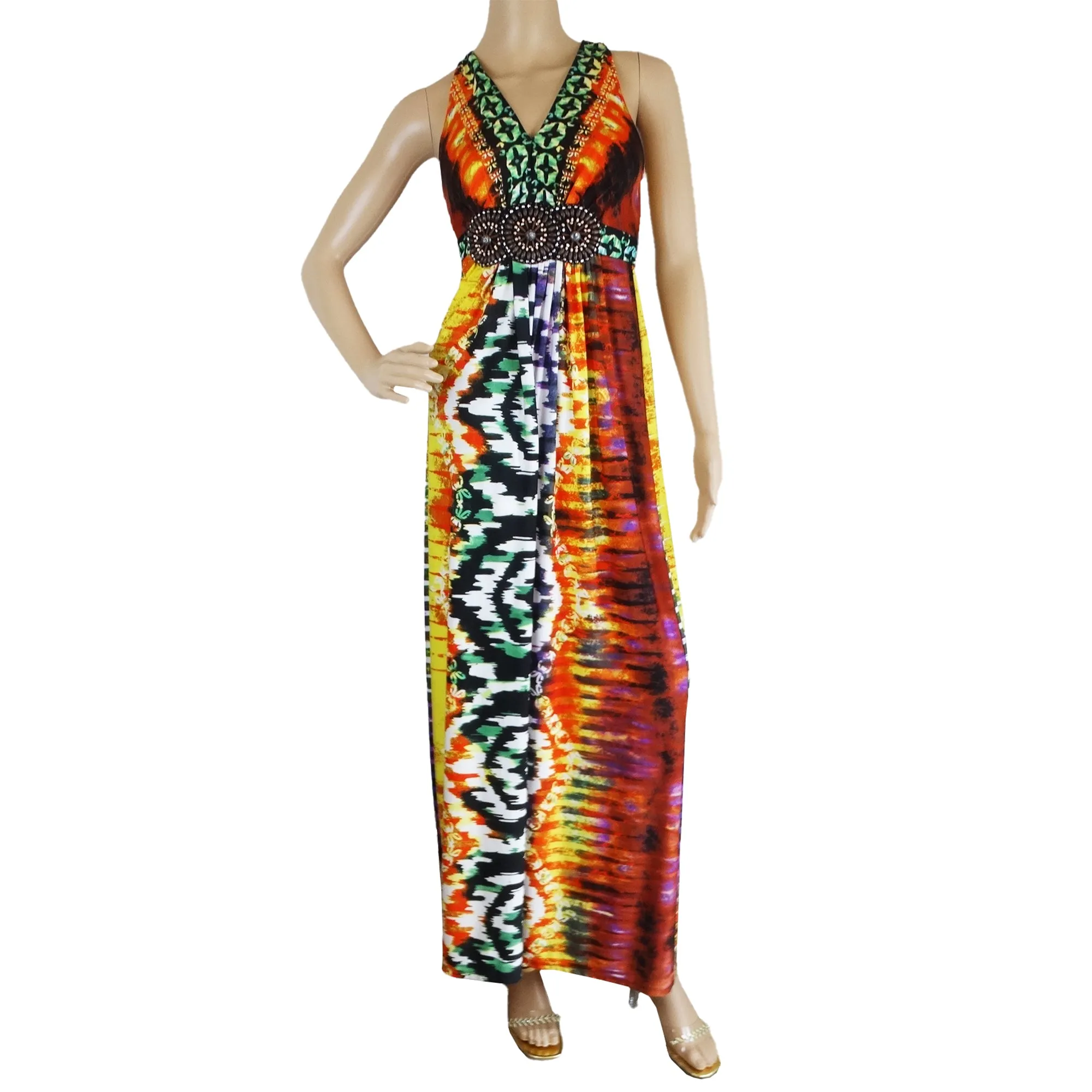 Roz & Ali Abstract Beaded Maxi Dress with Medallions, Size 6