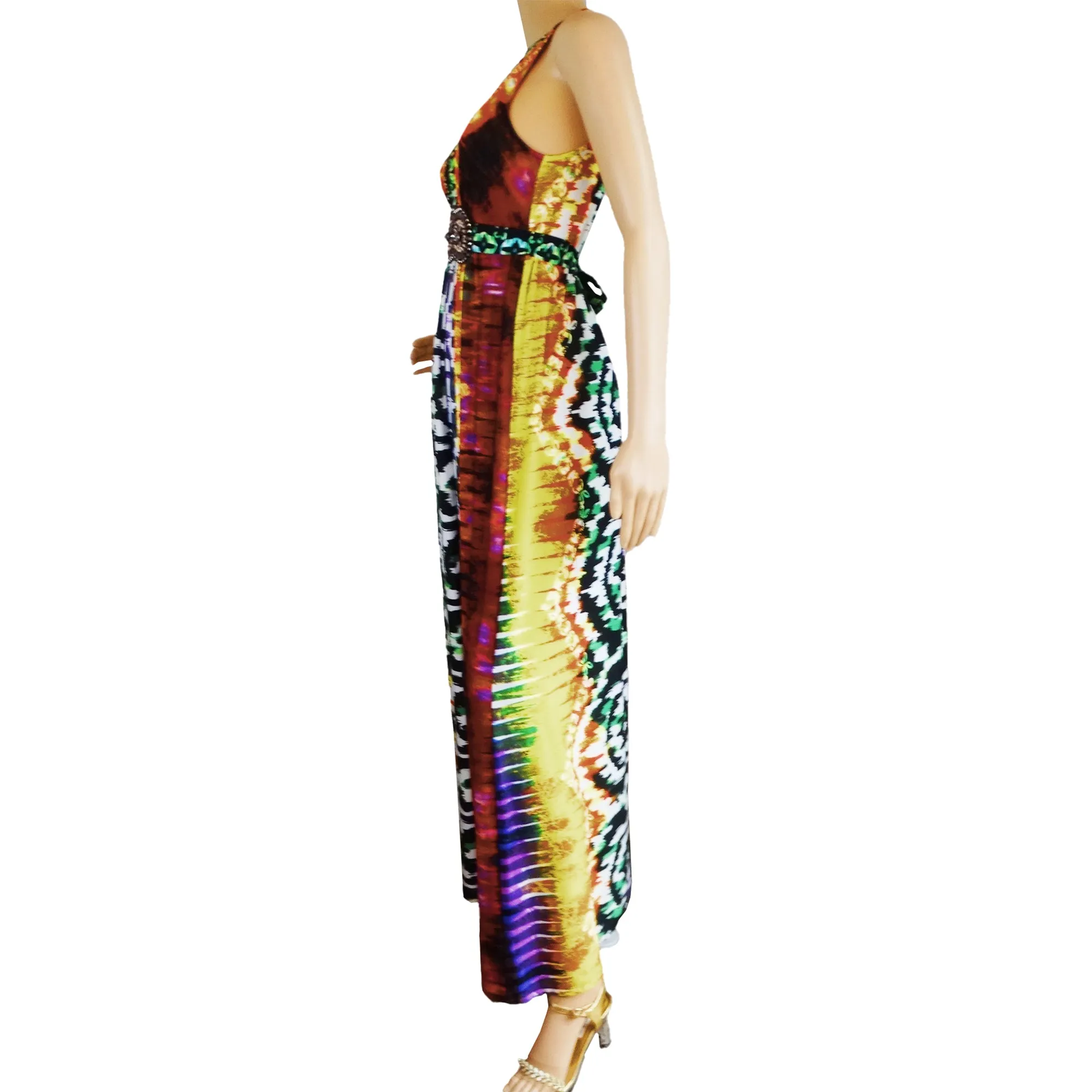 Roz & Ali Abstract Beaded Maxi Dress with Medallions, Size 6