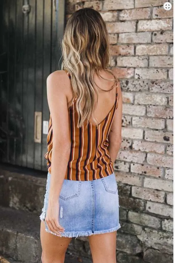 Slimming V Cut Back Striped Button Up Tank Top Shirt