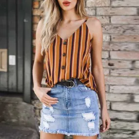 Slimming V Cut Back Striped Button Up Tank Top Shirt