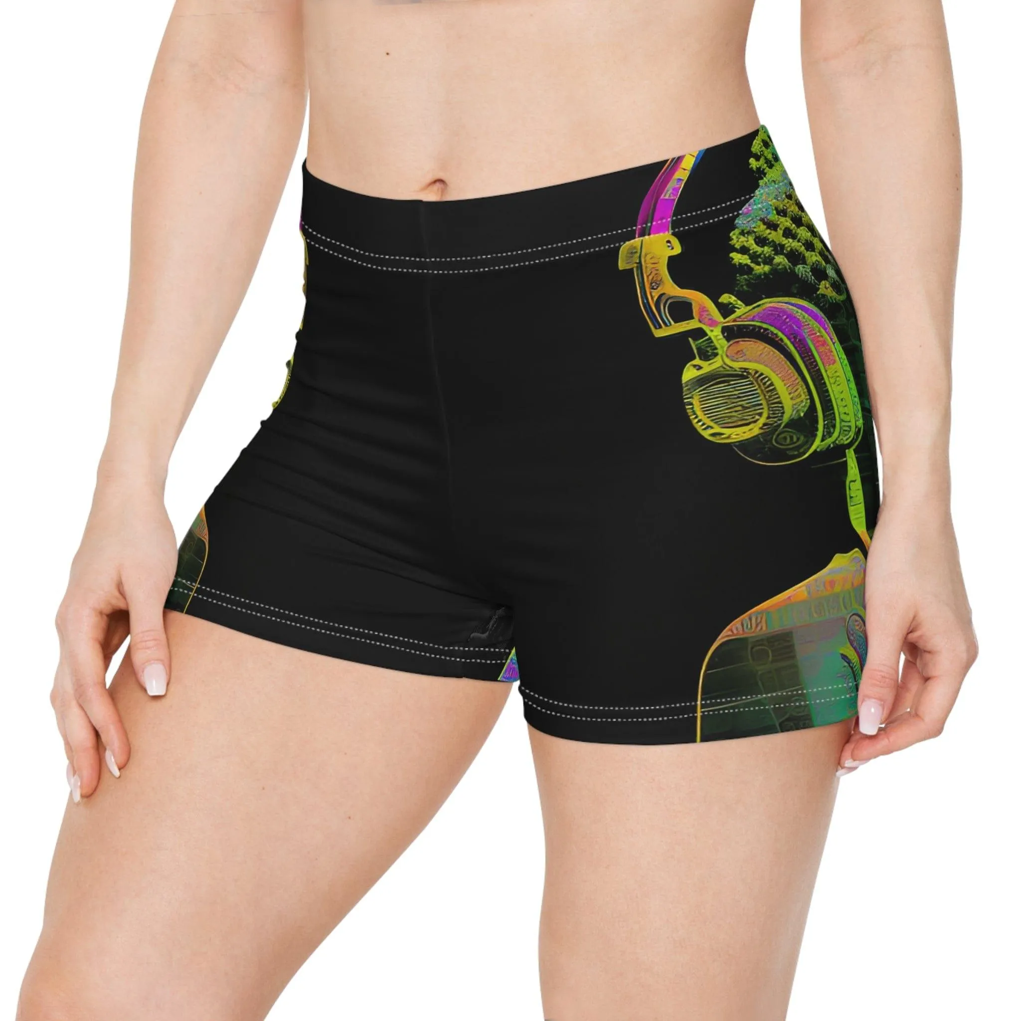 Subtle Buddha Smiling Wearing Headphone - Women's Shorts (AOP) - for Activewear or Yogawear