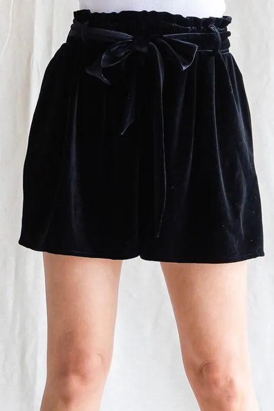 Velvet Waist Tie Shorts- Black