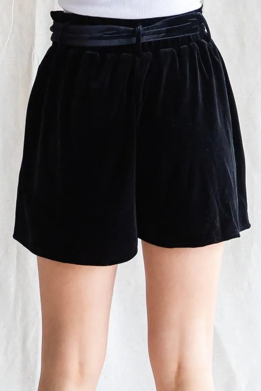 Velvet Waist Tie Shorts- Black