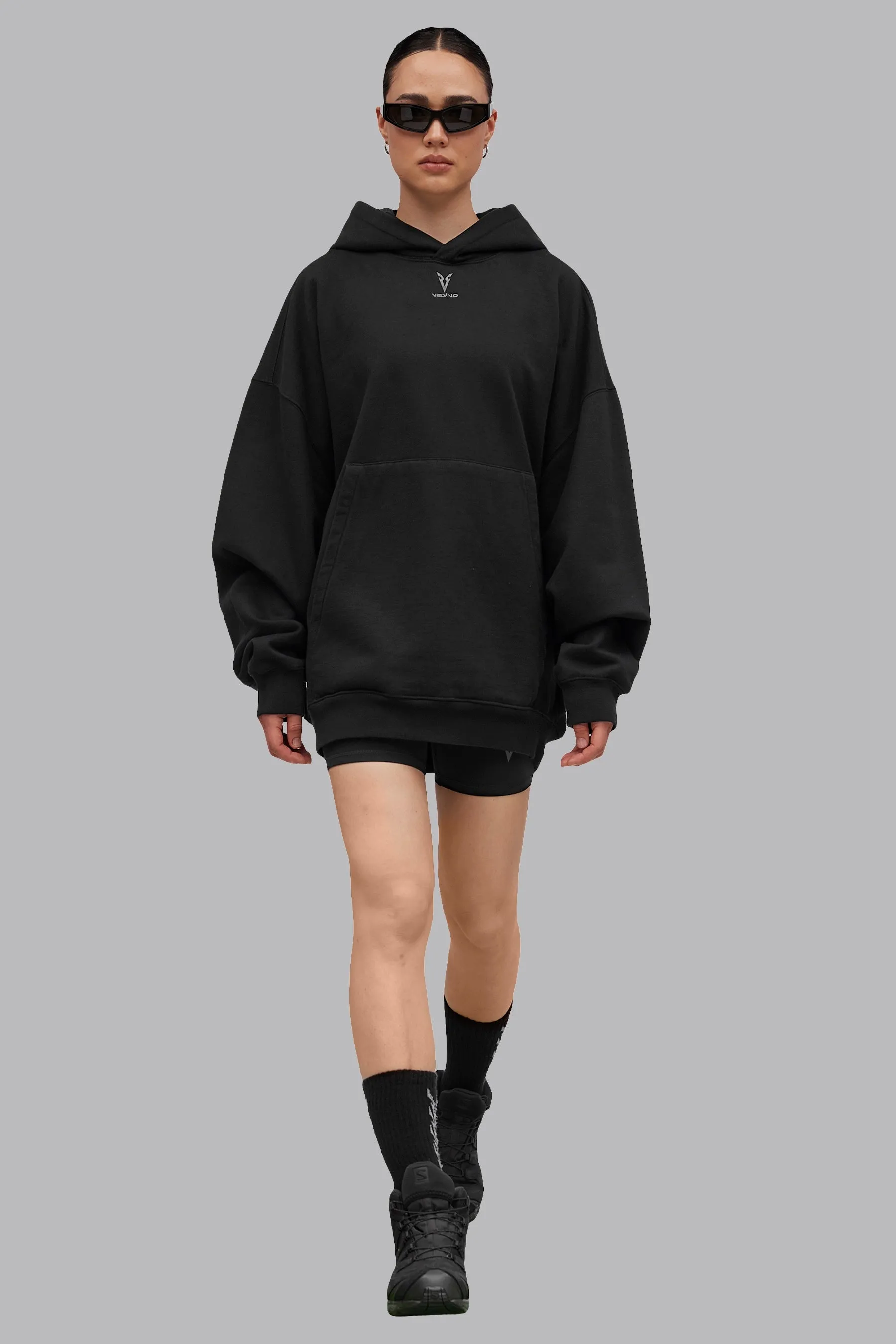 V_LYFE420 LONGLINE HOODIE - Black